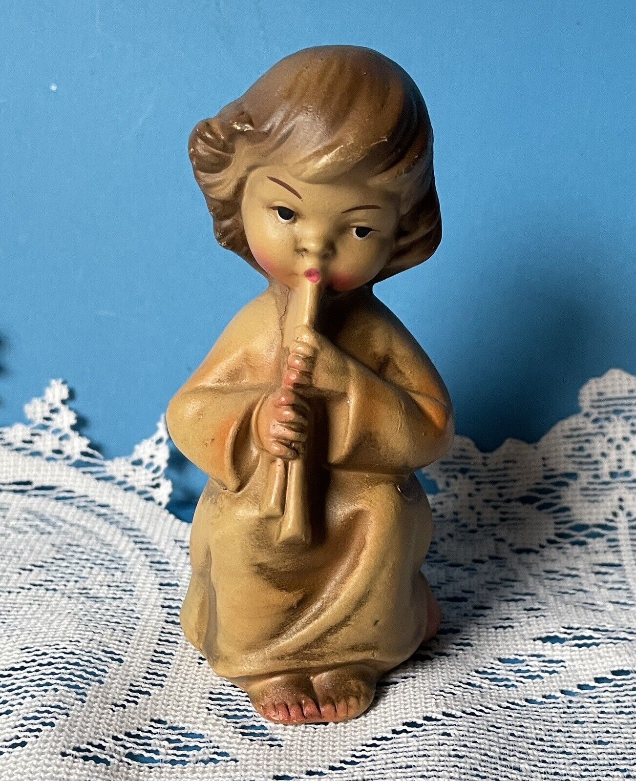 Vintage Japan Paper Mache Christmas Angel Figurine Playing Flute