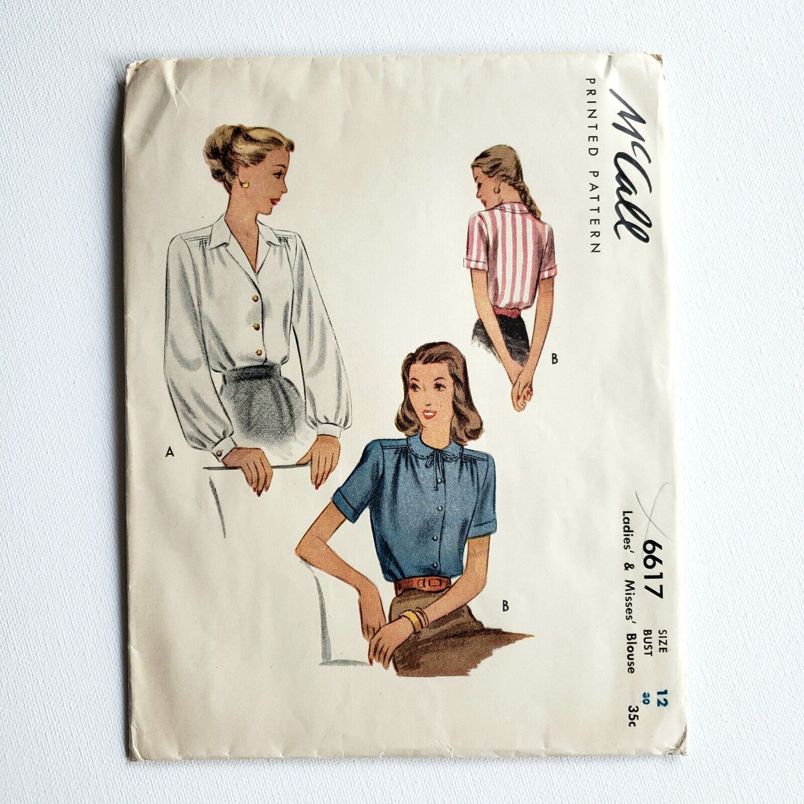 1940s Vintage McCalls 6617 Vintage Collar Blouse Sewing Pattern