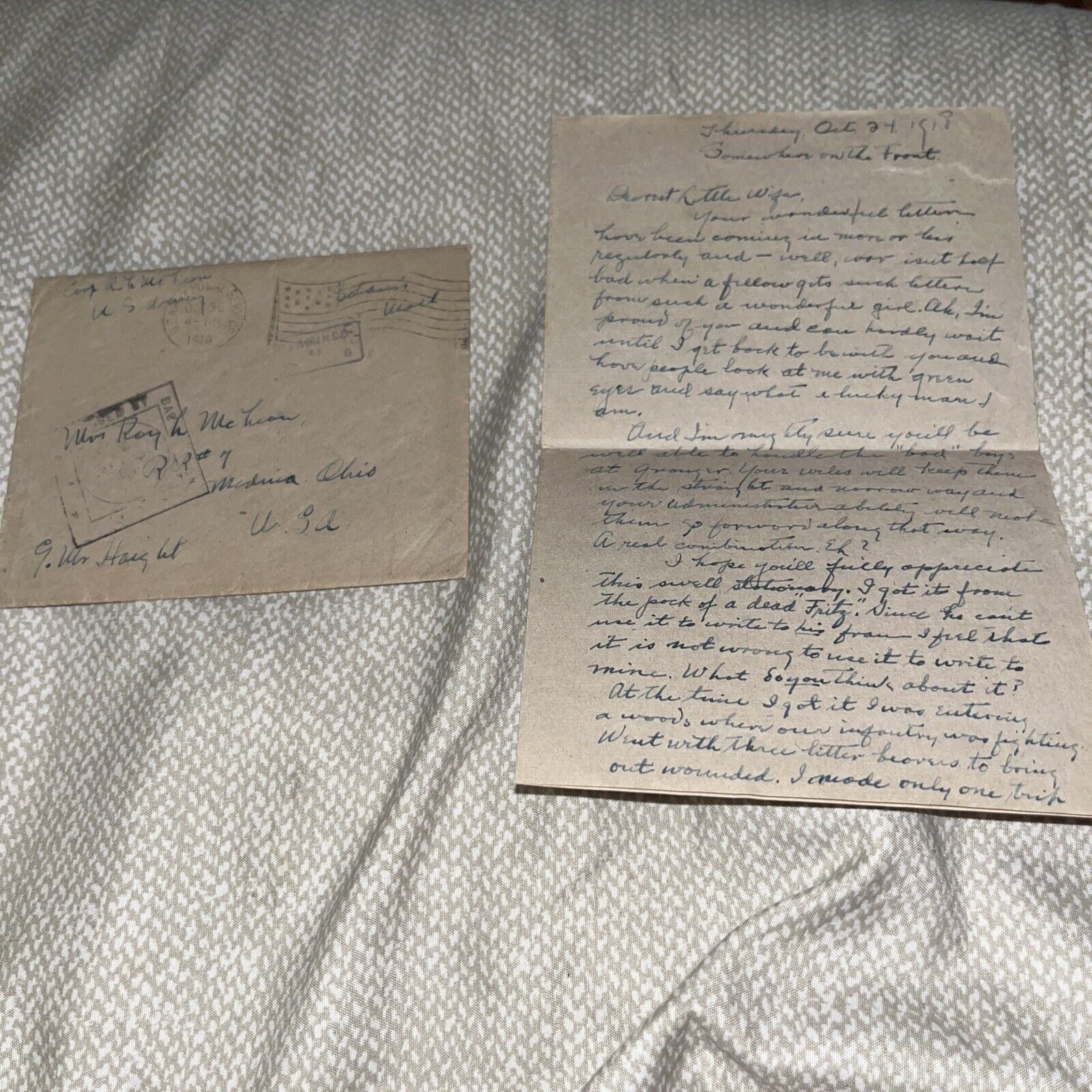 Antique 1918 WWI Soldier’s Letter Home to Ohio OH Wife; Mentions Woodrow Wilson