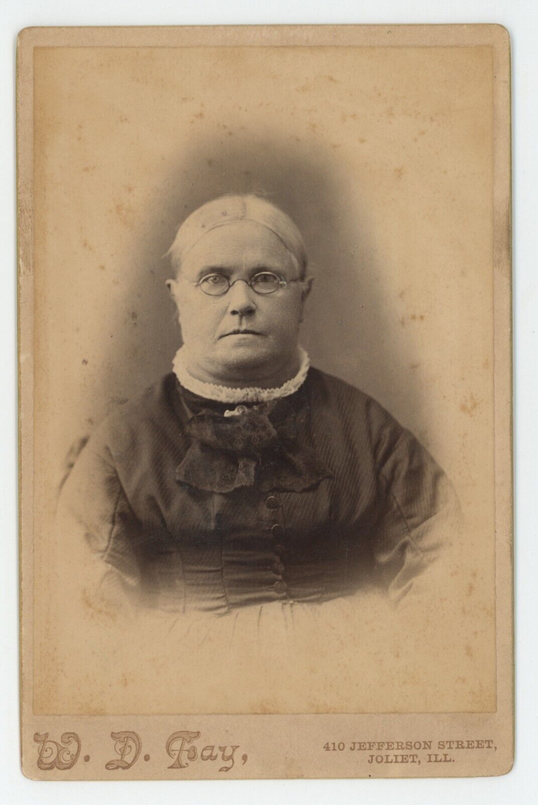 Antique Circa 1880s Cabinet Card Stern Looking Older Woman in Glasses Joliet, IL