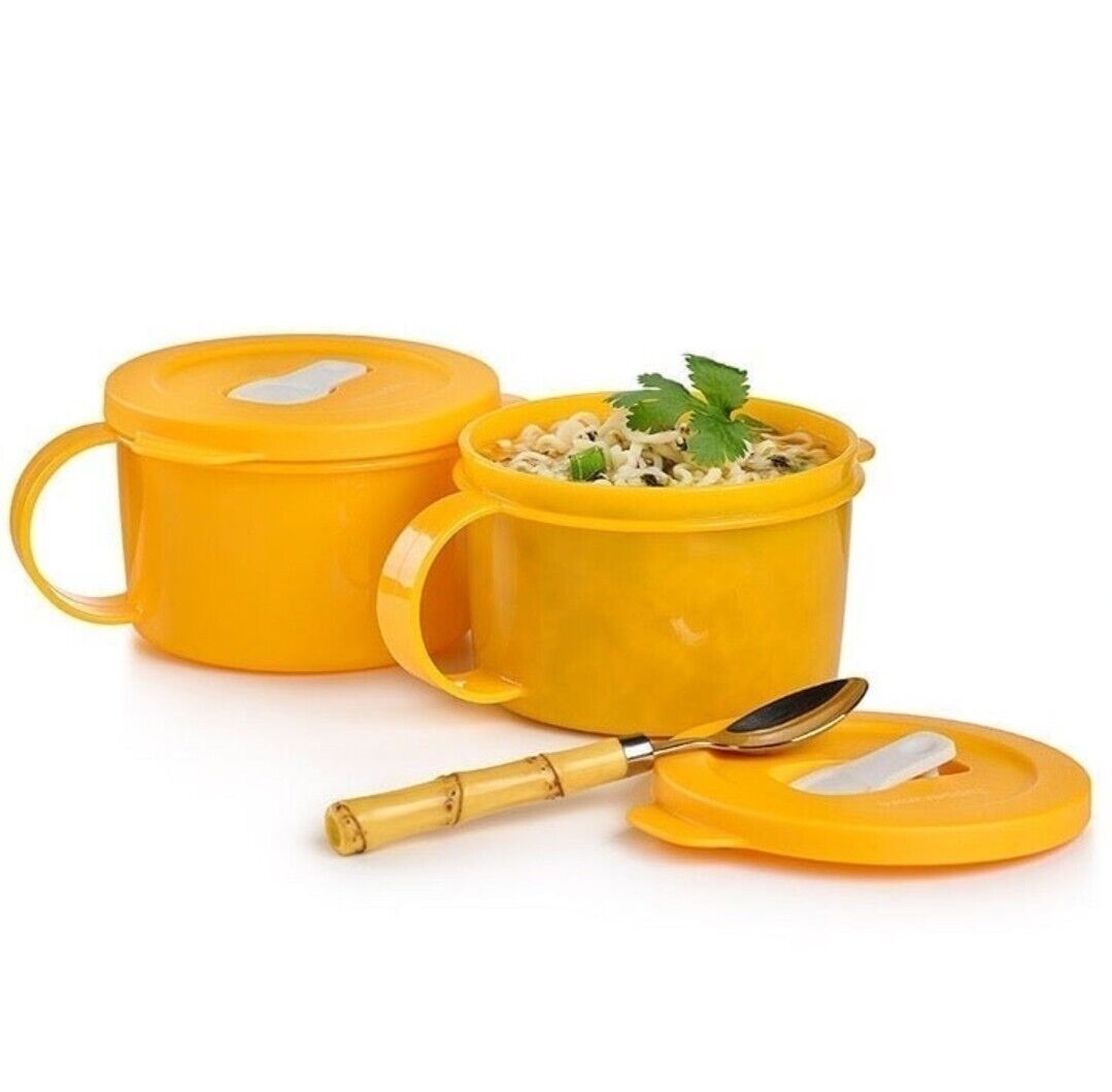 Tupperware Set Of 2 Soup Mug CrystalWave 2 Cup Microwave Safe - GOLDEN NEW