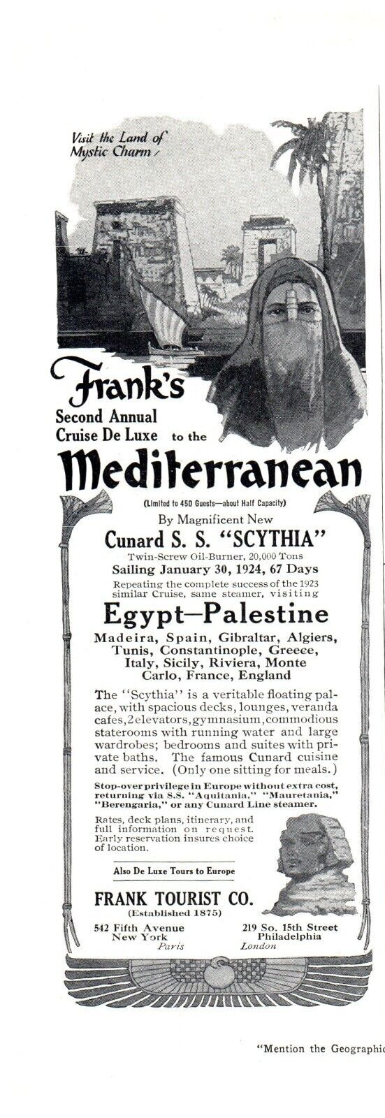 Cunard White Star SS Scythia Cruise Mediterranean Egypt Half Page Print Ad 1923