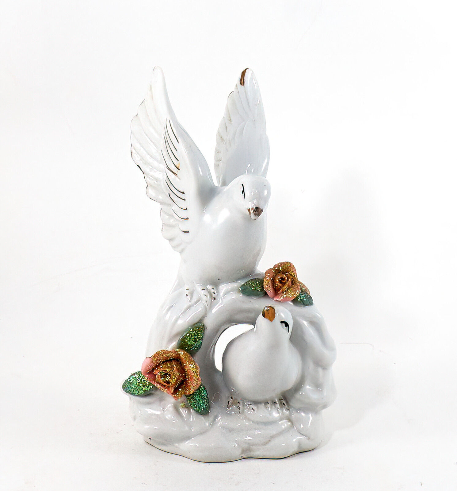Porcelain Dove Love Birds Figurine White Gold Trim Rose Glitter Glossy Vintage