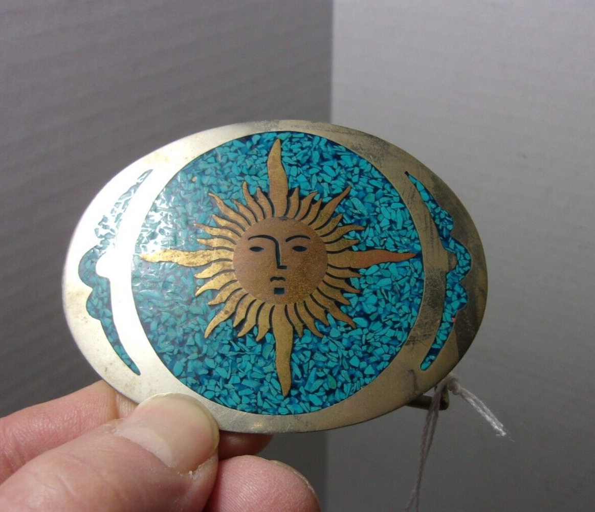 Vintage Mexico Crushed Turquoise Native Belt Buckle Sun Face