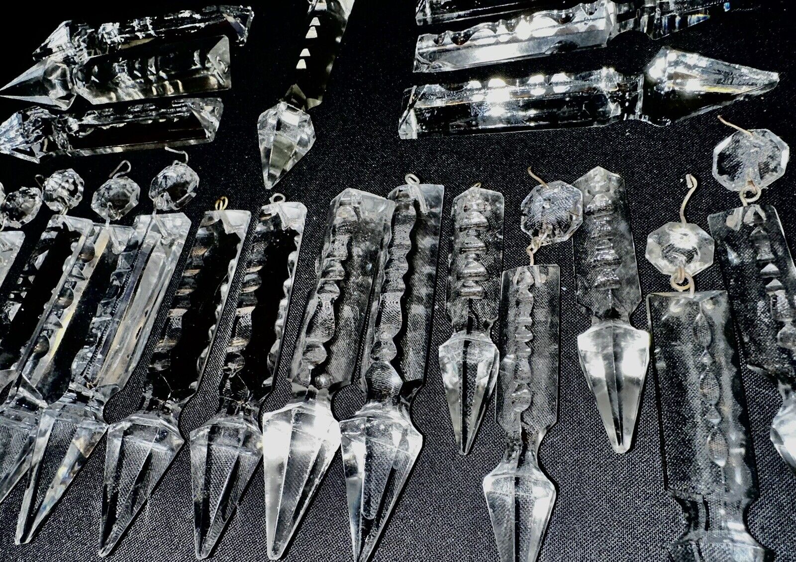 Lot of 21 Antique Notched Gothic Spear Crystal Prisms - Assorted 3