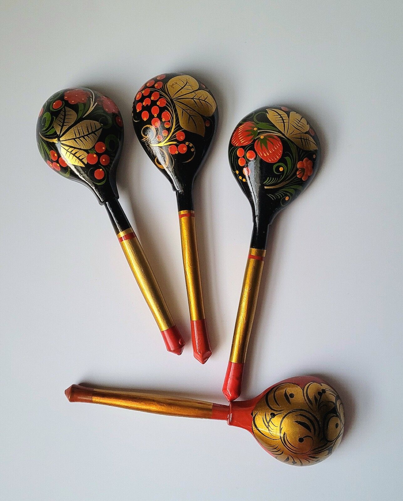 4 Vtg Russian Folk Art Wooden Khokhloma Spoons HandPainted Old Lacquer Technique