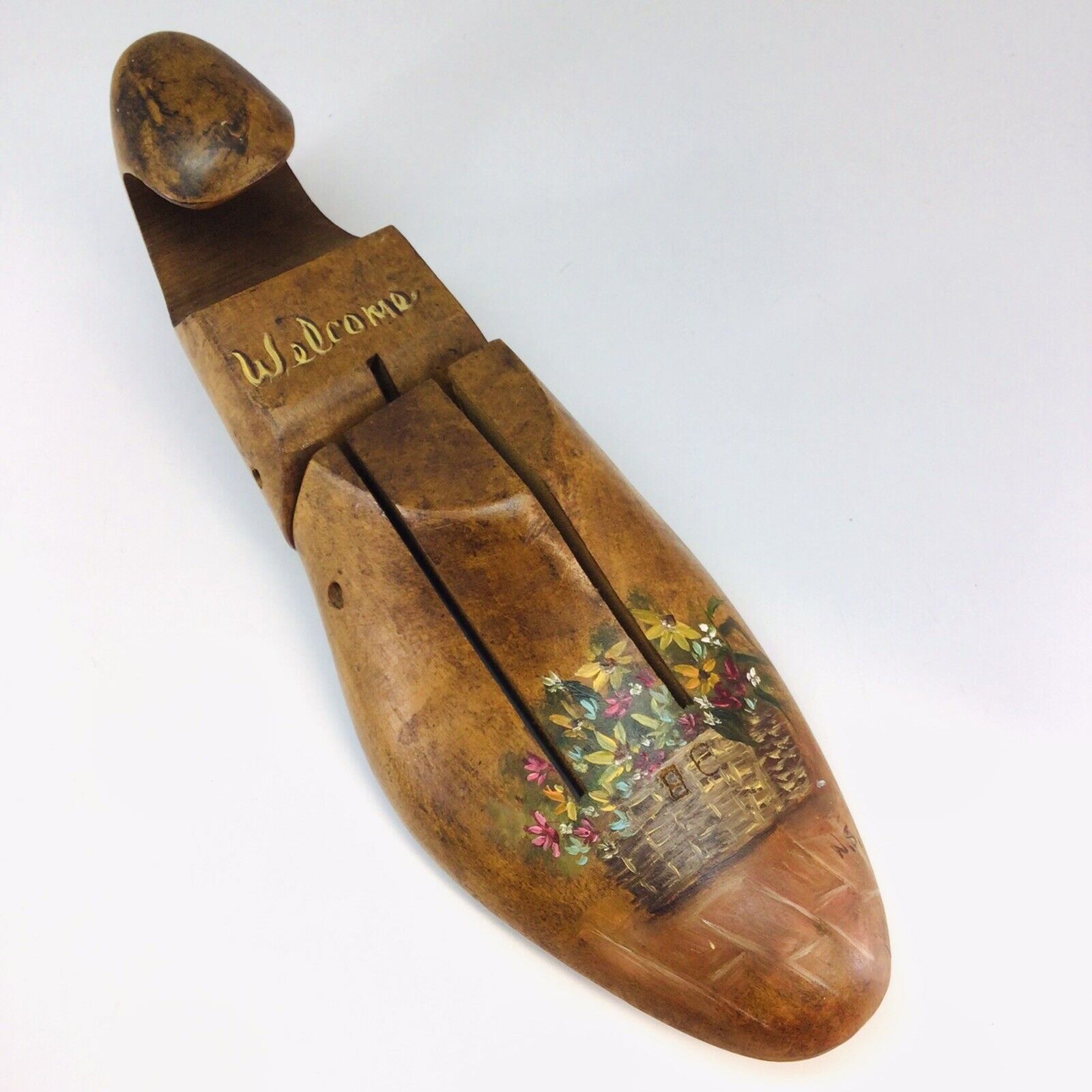 Antique Wooden Shoe Stretcher Toleware Hand Painted Wood Welcome Floral Tole
