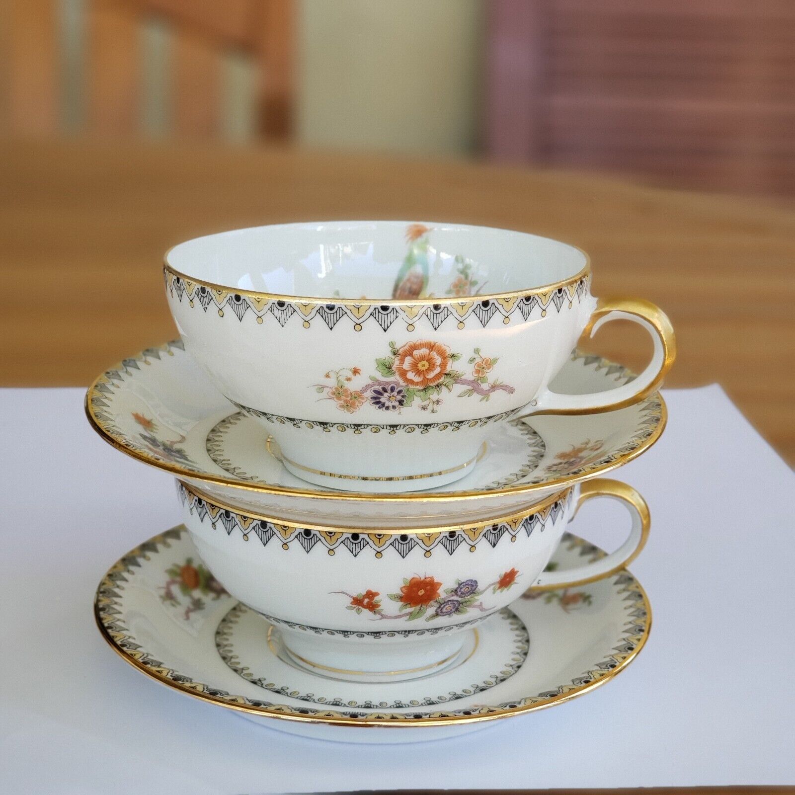 2 Set Limoges WG&Co France Porcelaine Tea Cups & Saucers Rare Bird Of Paradise 