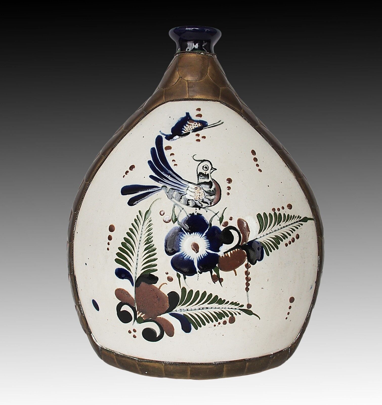 Mexican Vintage Vase Tonala Pottery Ceramic & Brass Hand Painted Folk Art Large