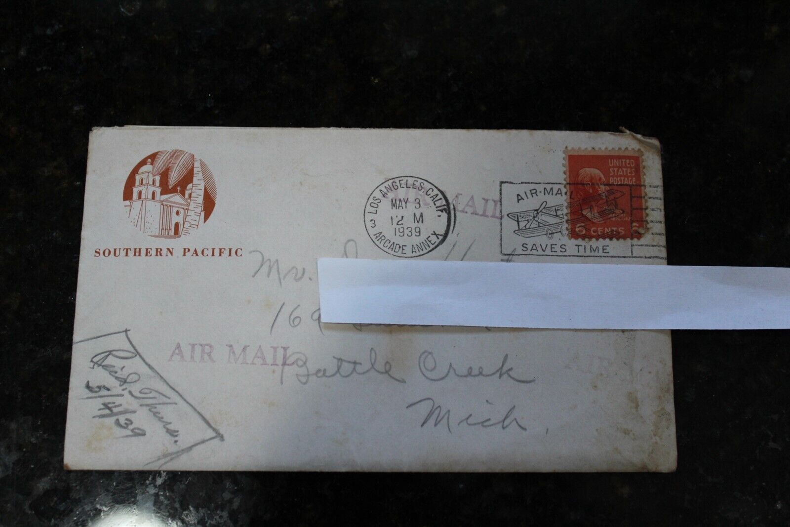 Vintage 1939 Handwritten Letter With Southern Pacific Stationary Air Mail Posted