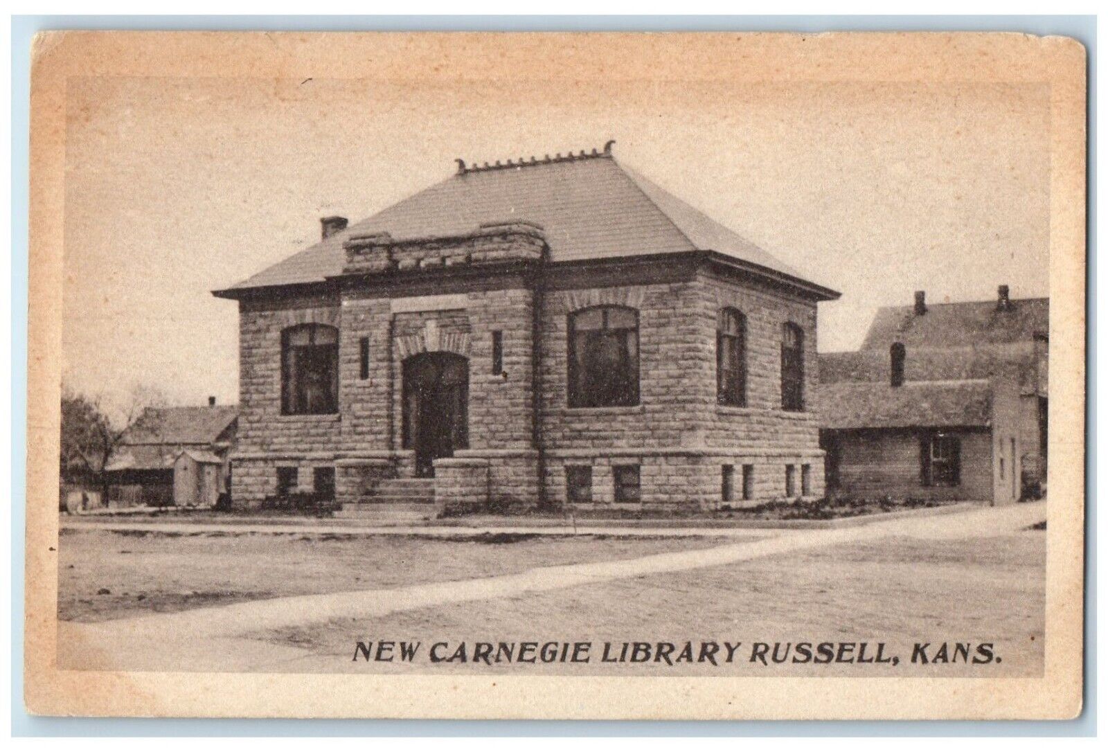 c1905 New Carnegie Library Exterior Building Russell Kansas KS Vintage Postcard