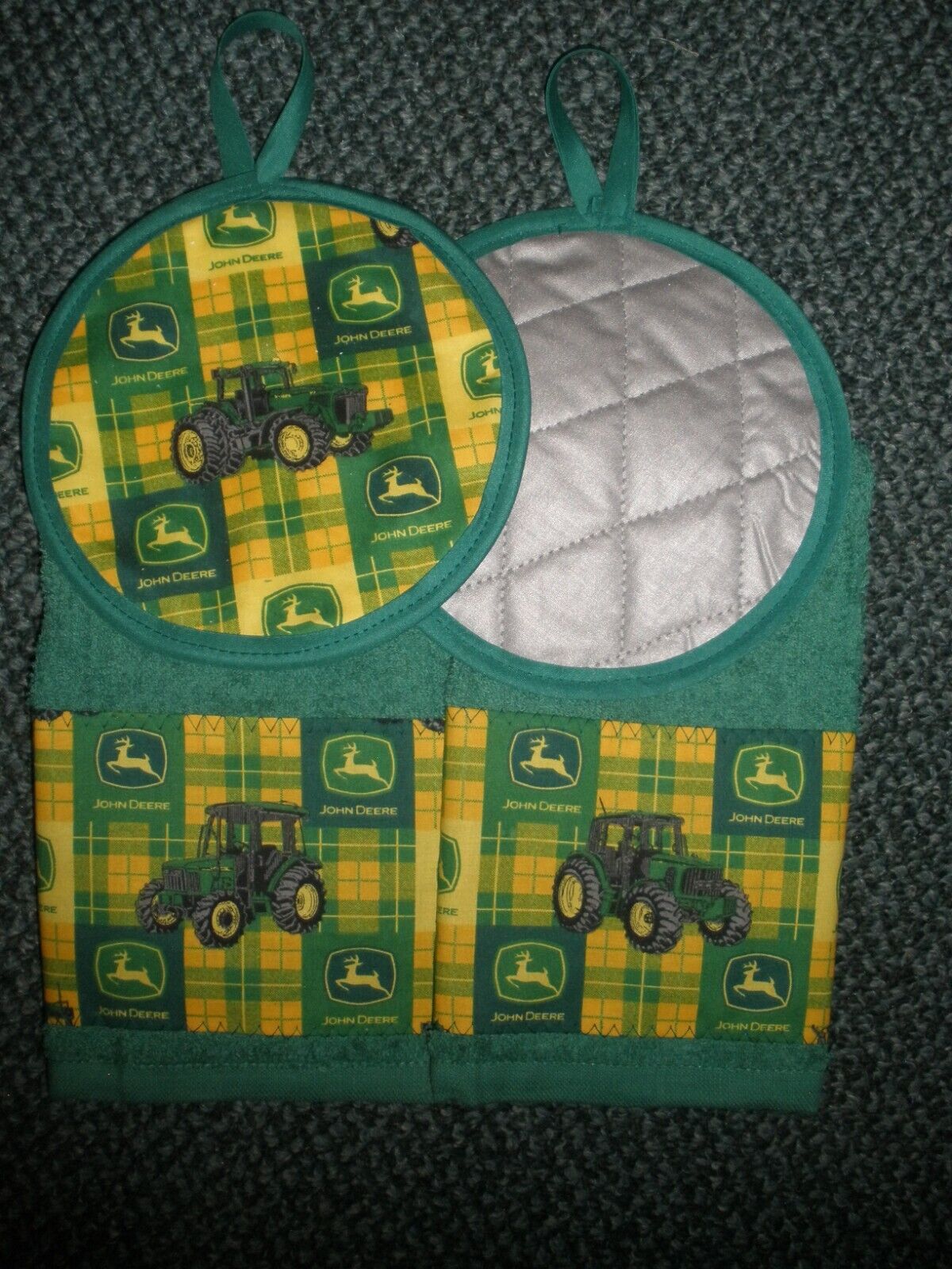 John Deere tractor plaid kitchen towels and potholders