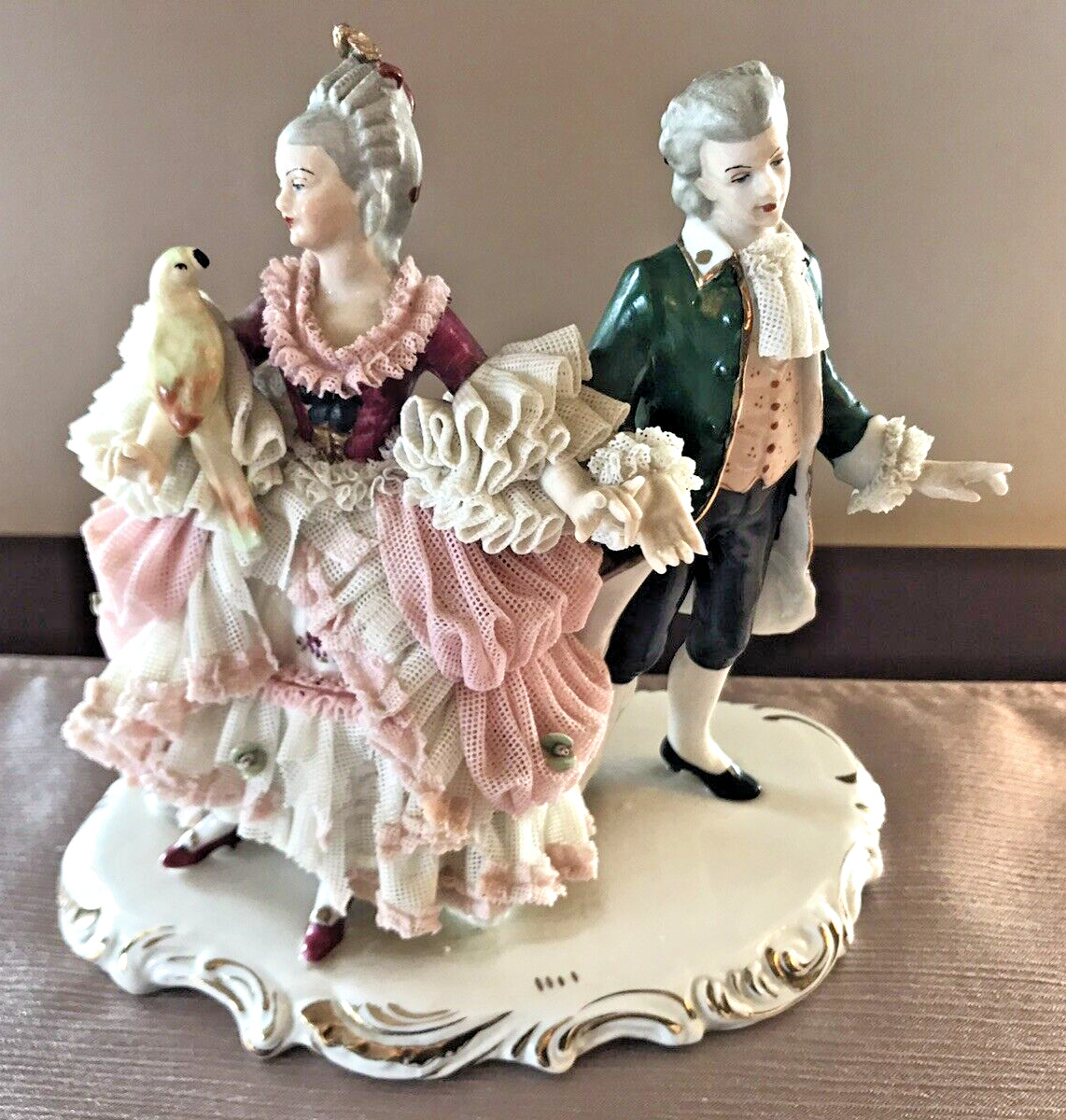 Vintage Dresden Art Porcelain Victorian Dancing Couple w/ Parrot 7-1/2\