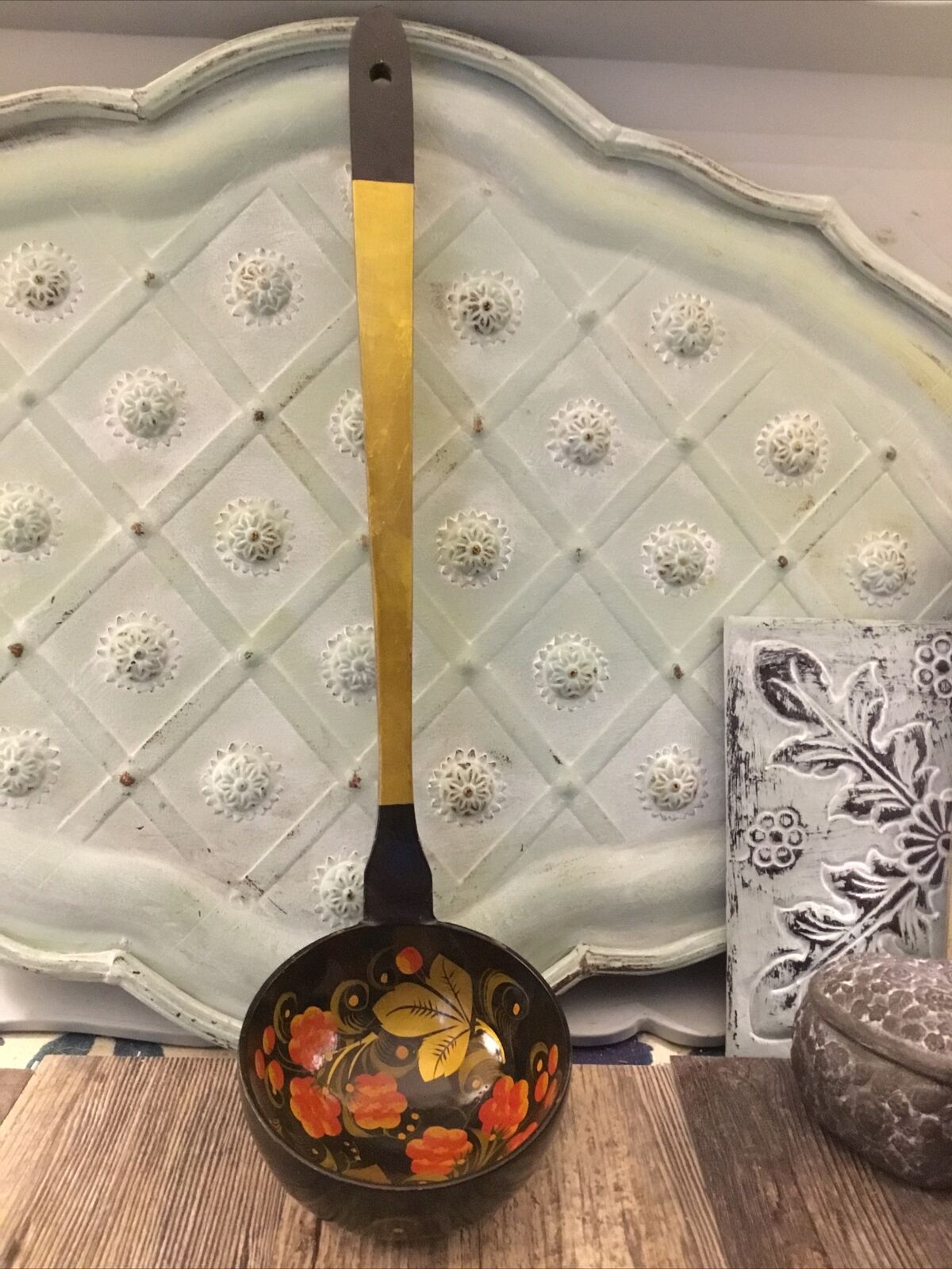 Khokhloma Hohloma Vintage Russian USSR Wooden Tea Spoon / Ladle 16” Handpainted
