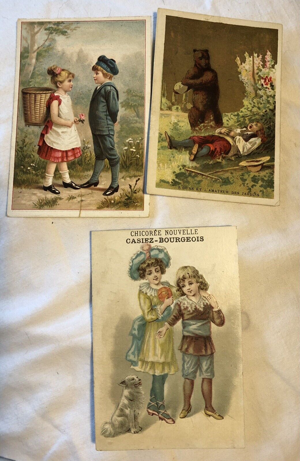 Lot of 3 c1880s Antique French Victorian Children Trade Cards With Bear, Dog C25