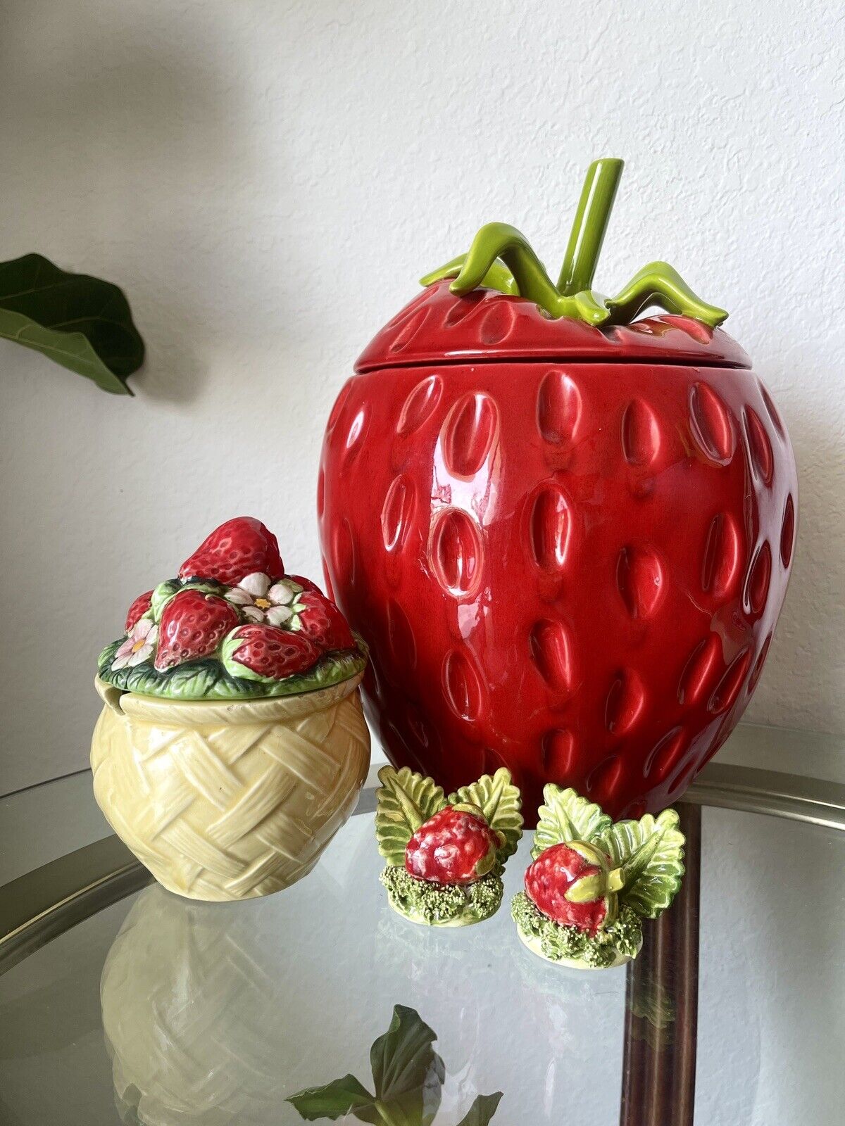 Vintage Red Strawberry Cookie Jar, Sugar Bowl, & 2 Italian Recipe/Name Holders