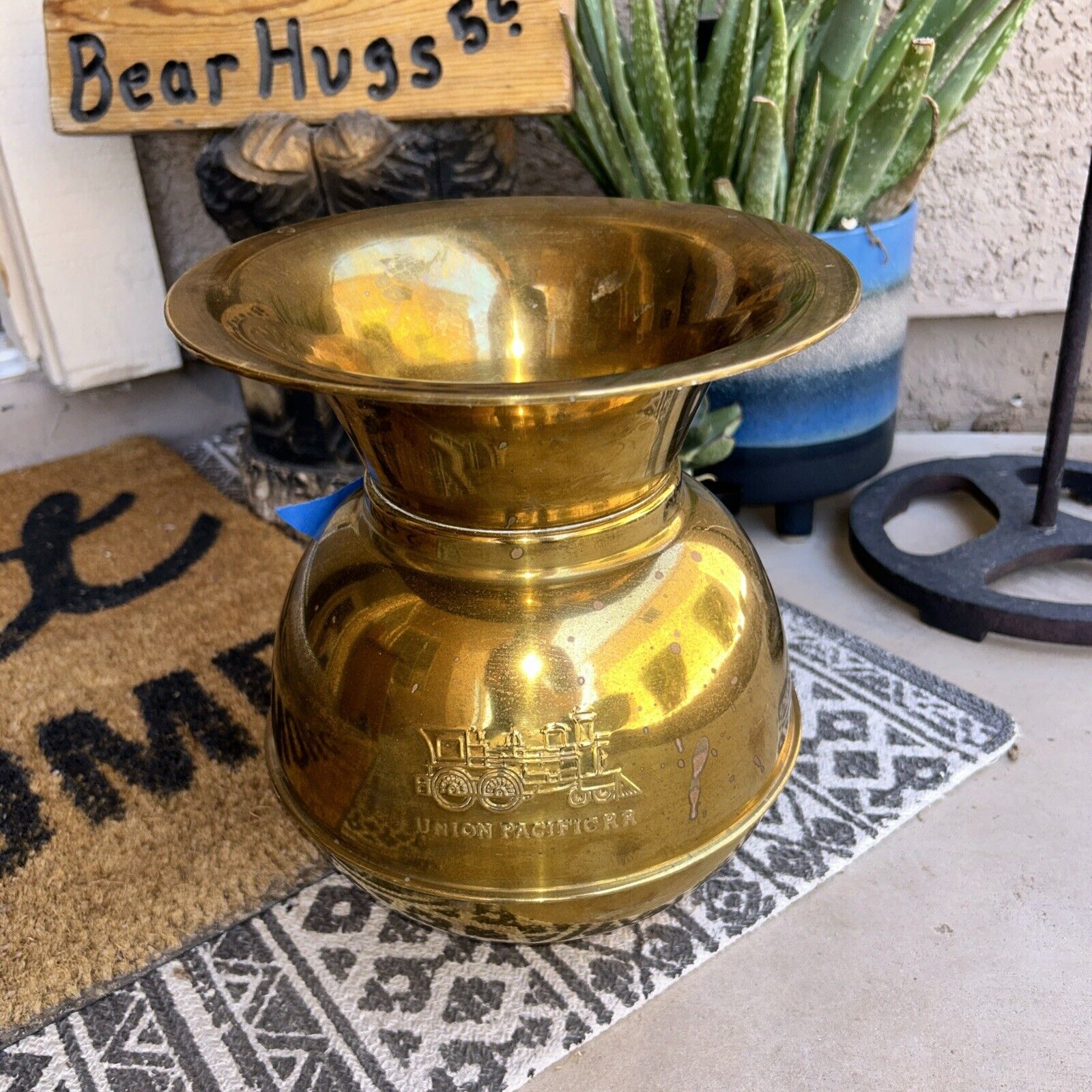 Vintage Union Pacific Double Embossed Railroad Spittoon Brass RR Logo 10”