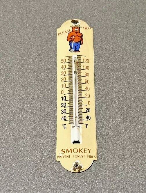 VINTAGE 12” SMOKEY BEAR FOREST  PORCELAIN THERMOMETER SIGN CAR GAS OIL TRUCK