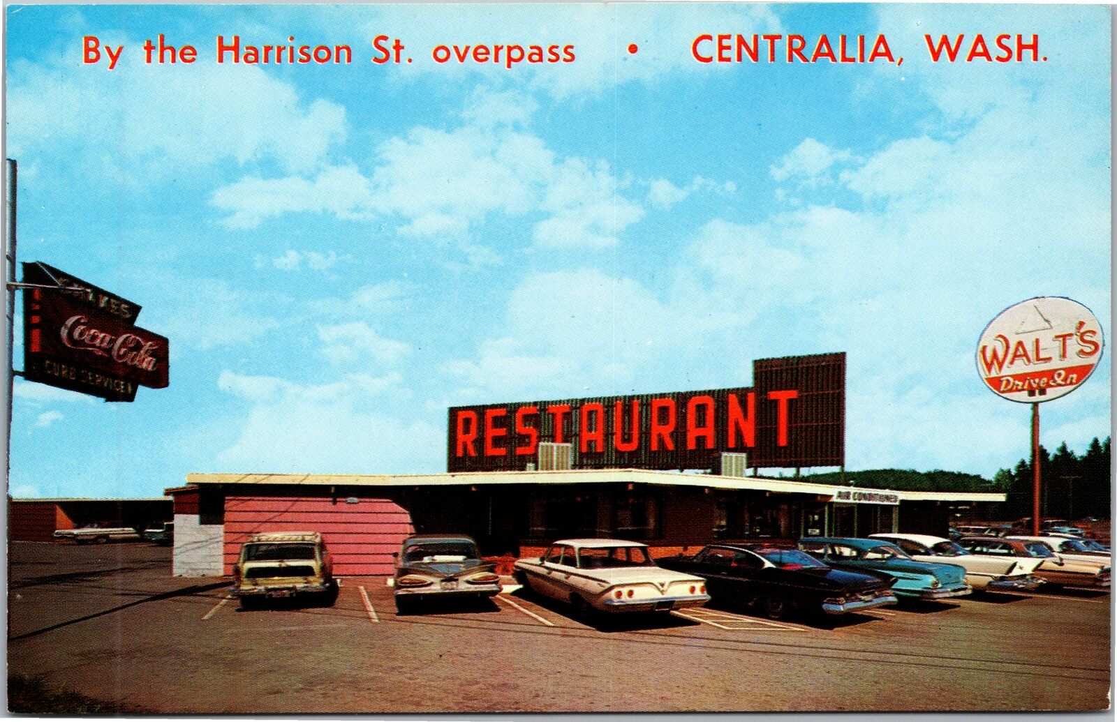 Postcard WA Centralia Walt\'s Triangle Drive-In Restaurant Coke Cars