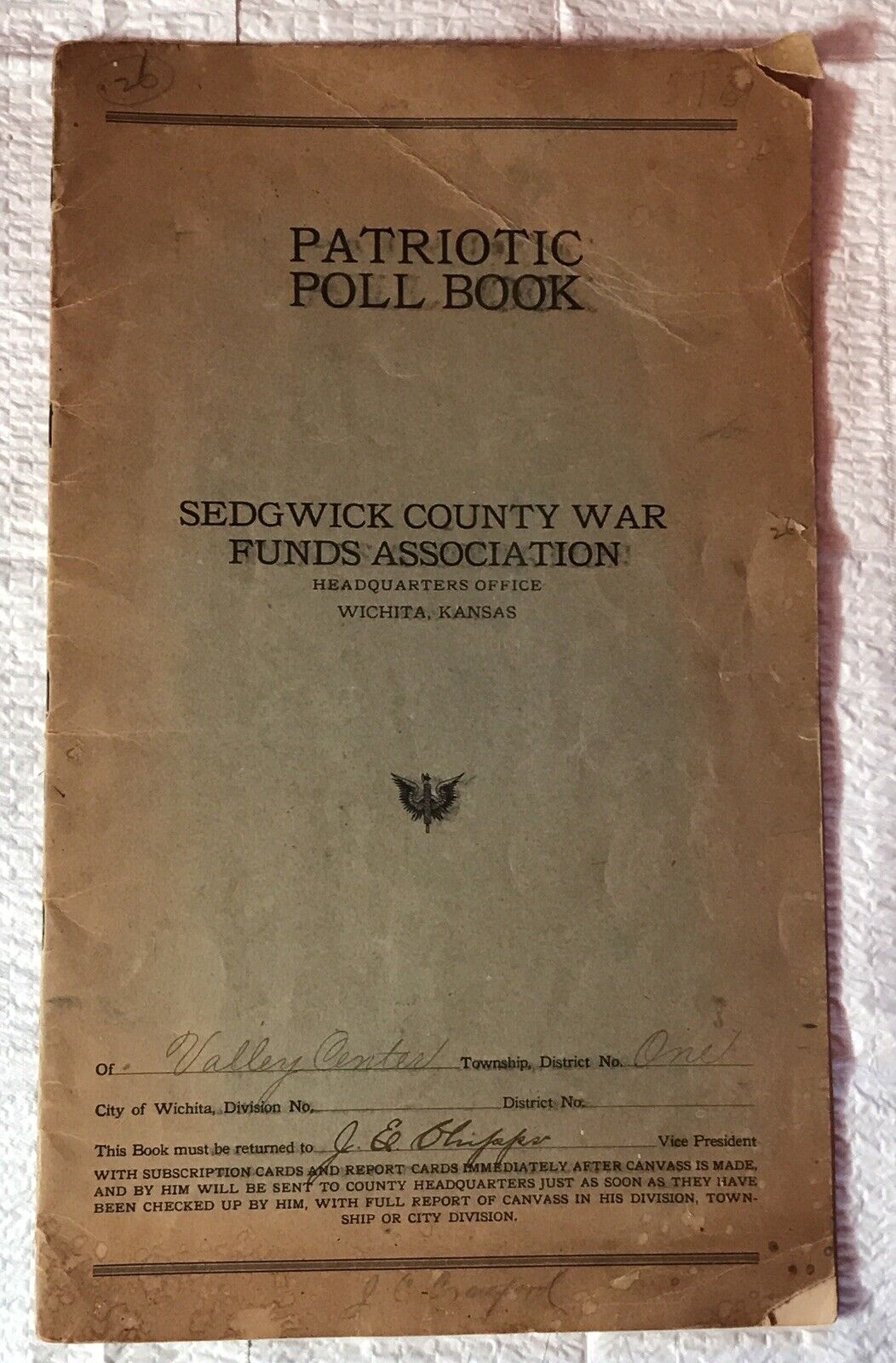 WWI Sedgwick County War Funds Patriotic Poll Book, Wichita Kansas, Many Names