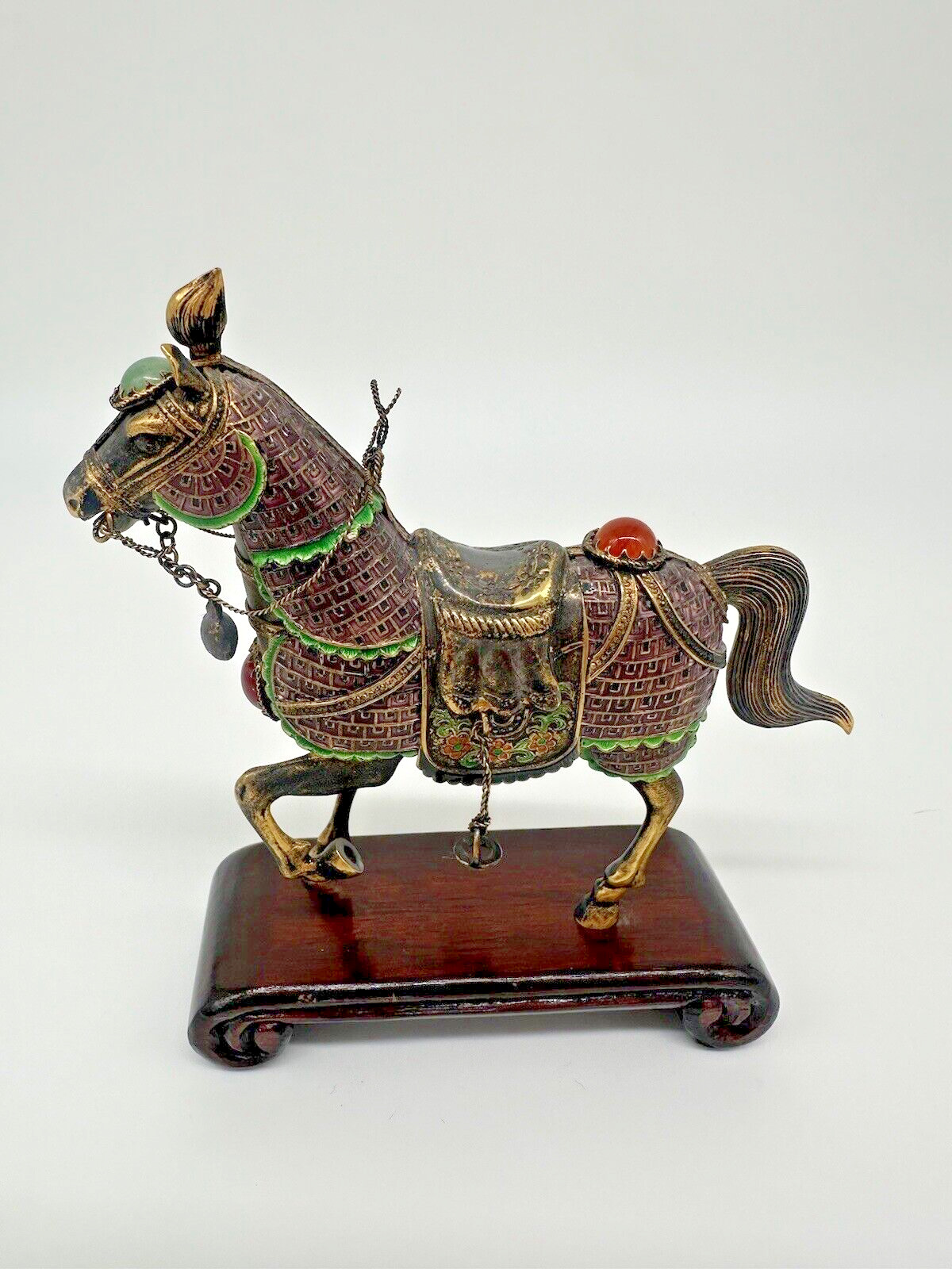 Vintage Chinese Sterling Silver 925 Cloisonne Enamel Horse Statue On Wood 5”