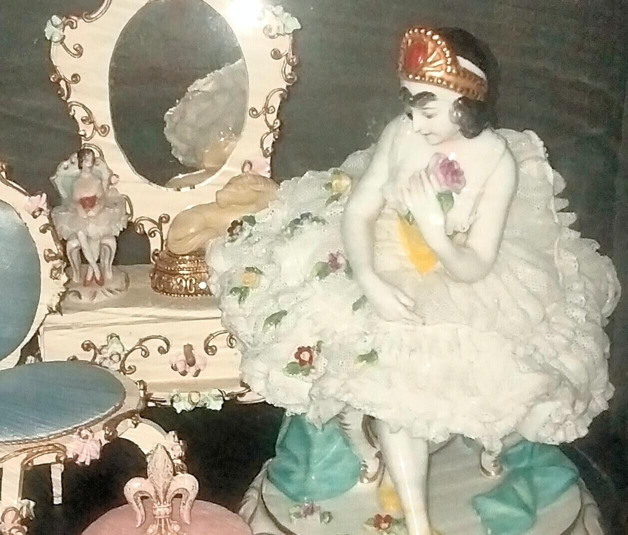 Volkstedt Porcelain Lace Large Dresden Prima Ballerina Queen Jeweled  Figurine