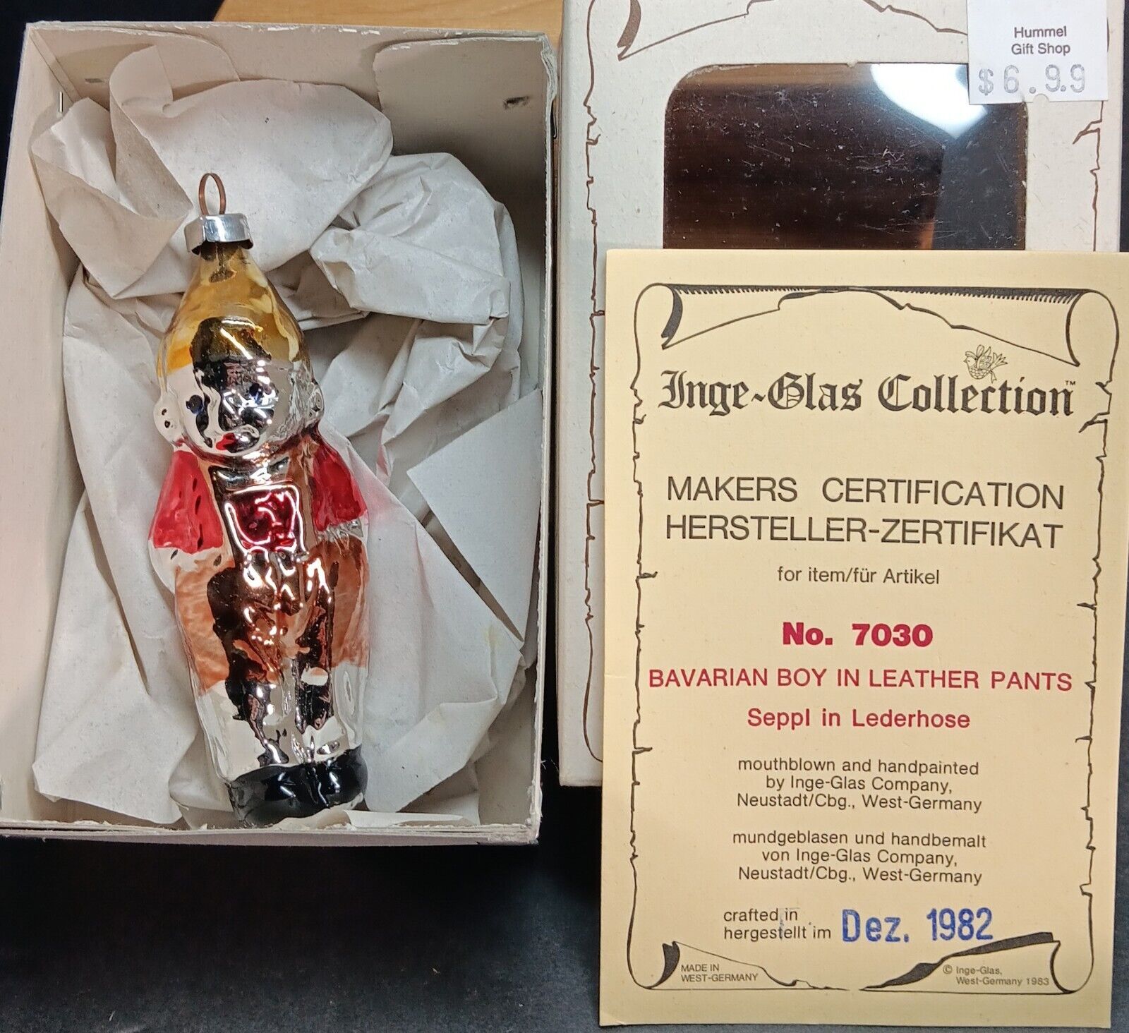 1982 Inge Glas Bavarian Boy In Leather Pants #7030 Christmas Ornament Mint Box 