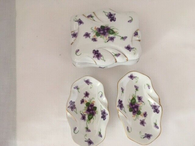 Set Porcelain 3 pc. Vintage Norcrest Sweet VioletsTrinket Box & Dishes Dresser 