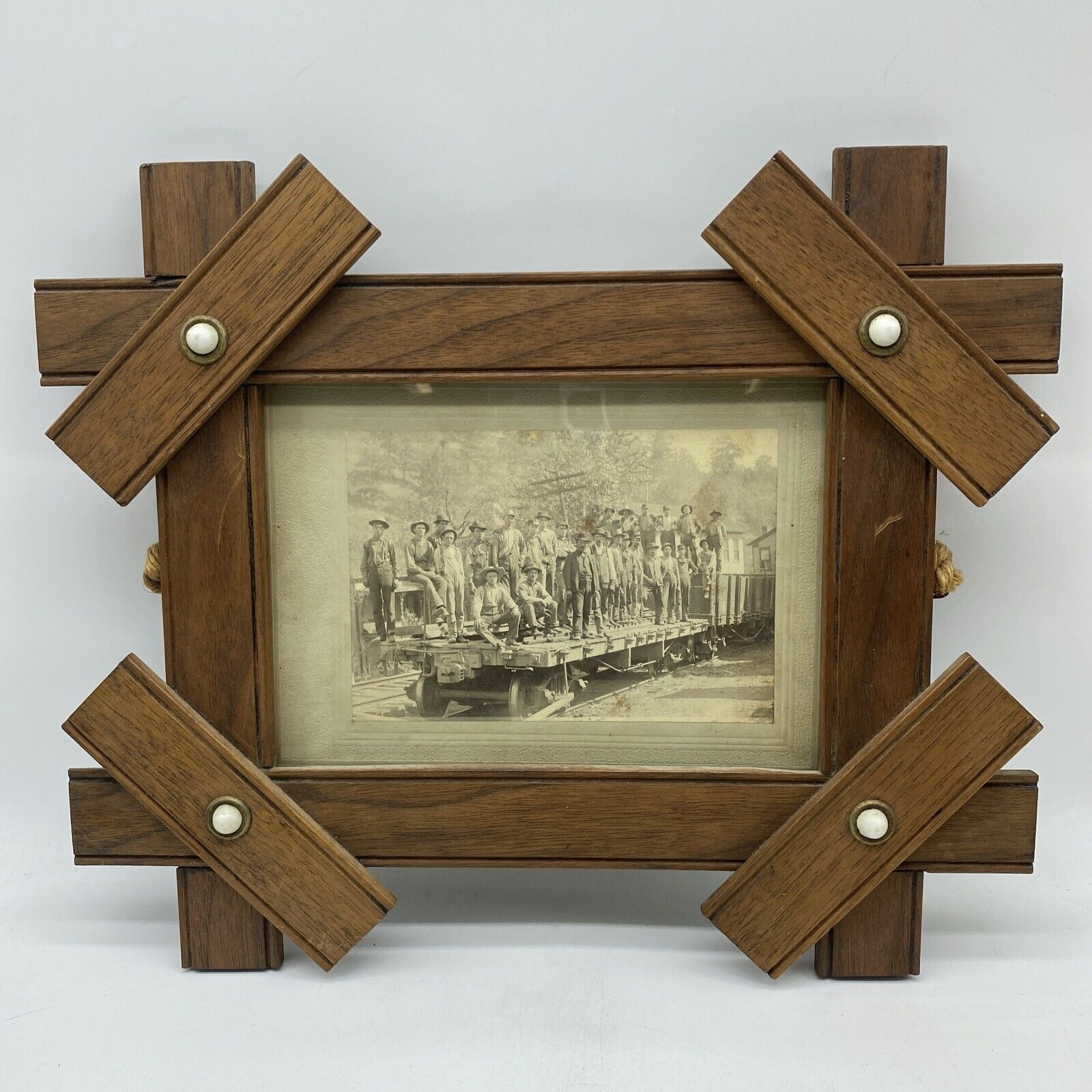 Excellent Victorian Era Folk Art Tramp Framed Photo Of Railroad Workers 13x11”