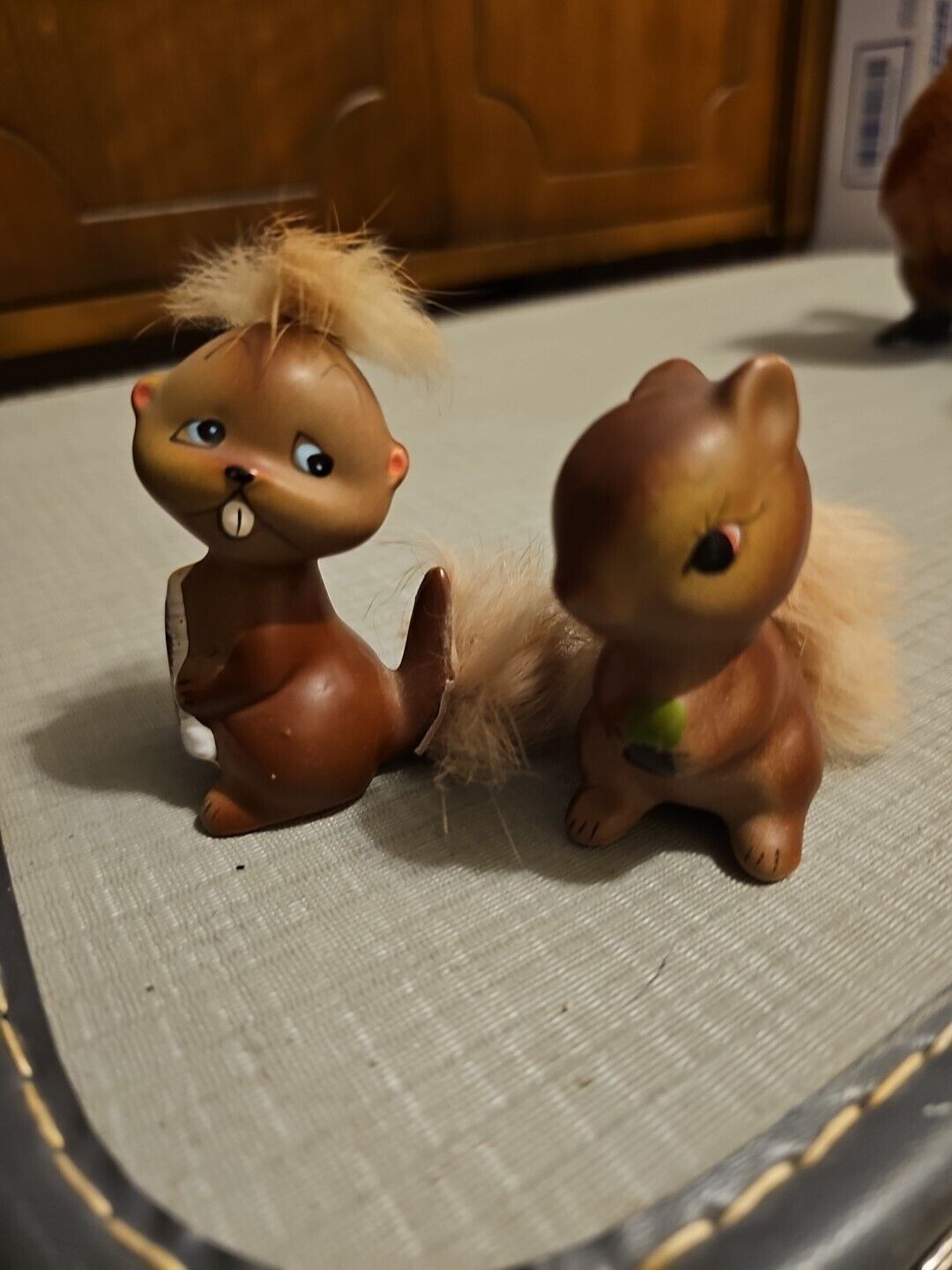 vintage porcelain squirrel figurines With Fur 