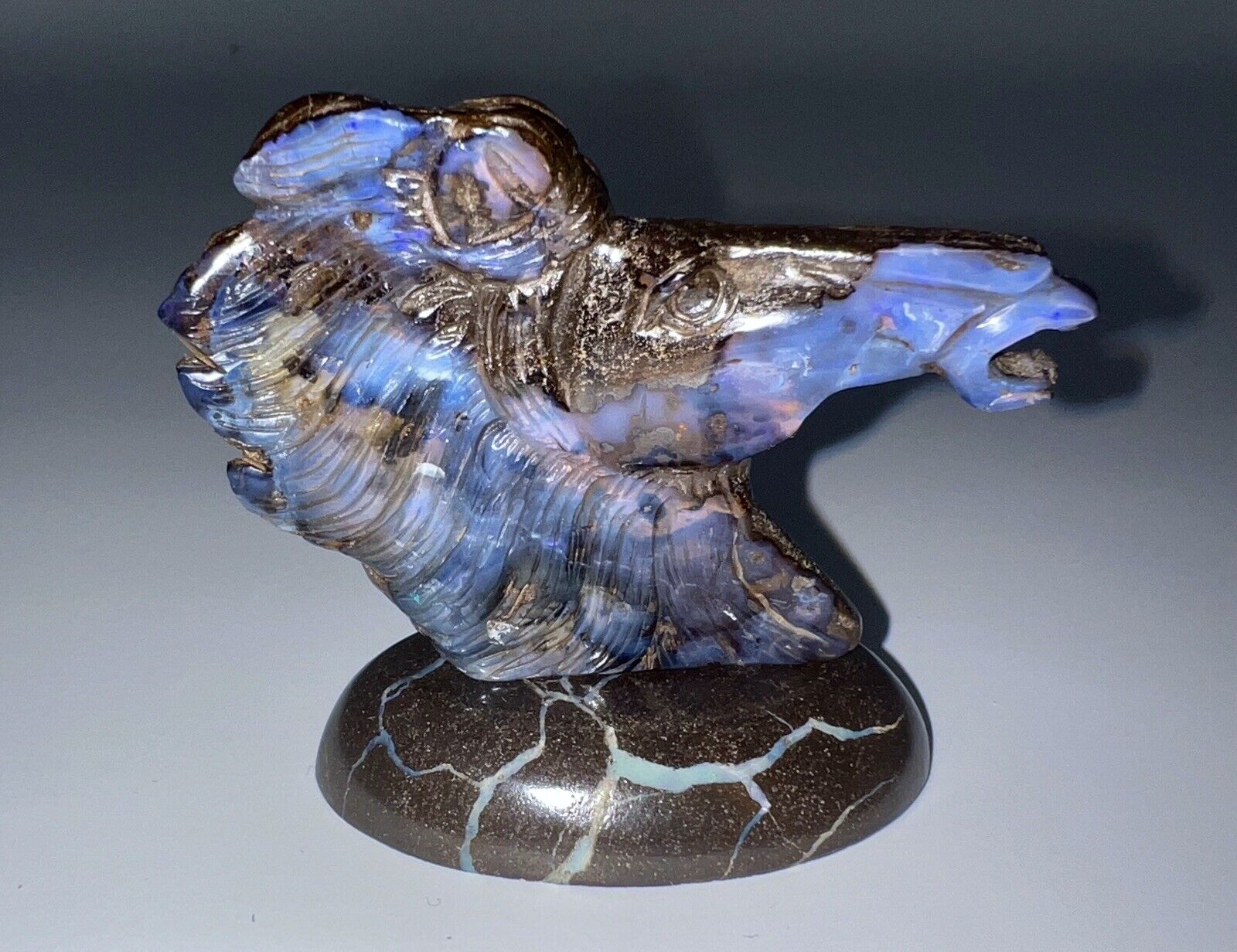 Australian Carved Boulder Opal Horse Head Sculpture on Stand 482 Cts
