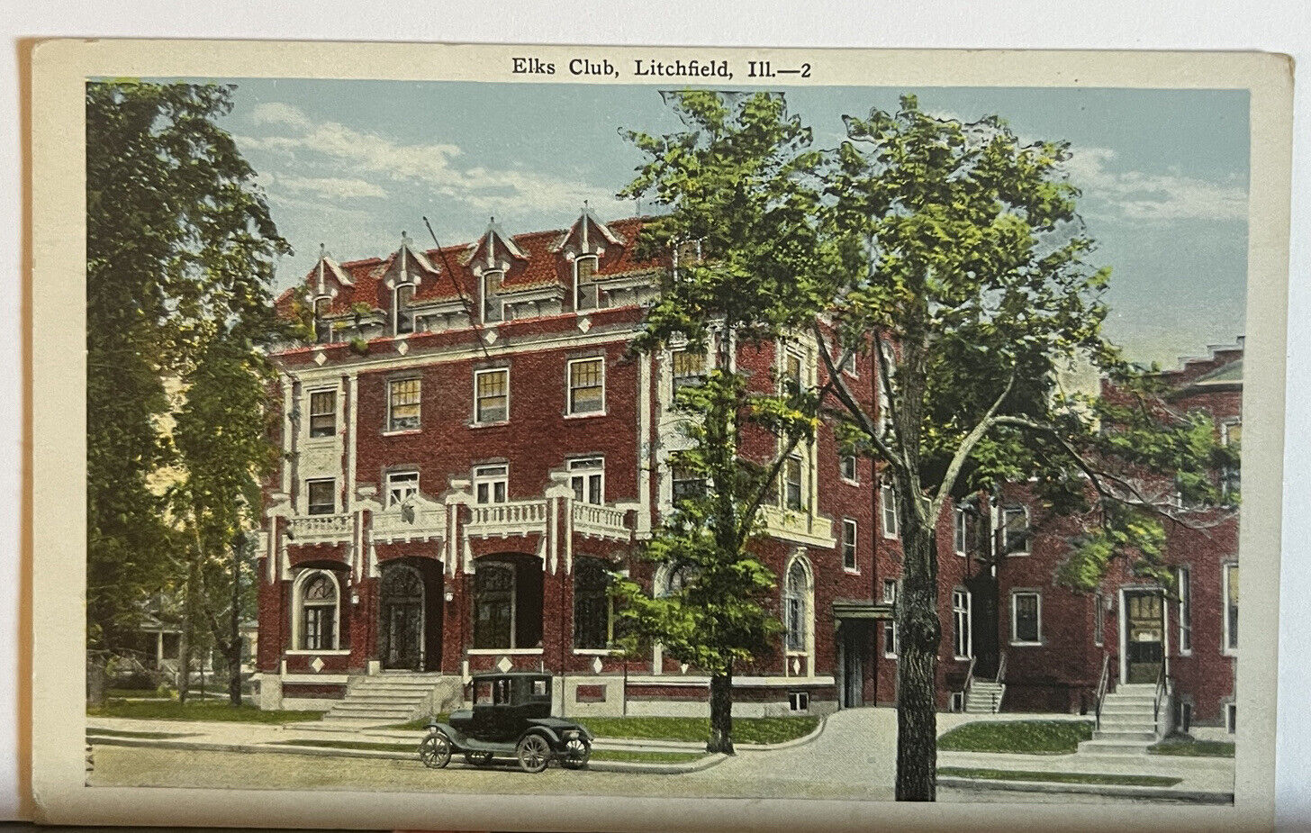 Vintage Postcard Elks Club Litchfield Illinois Antique Car Ephemera 
