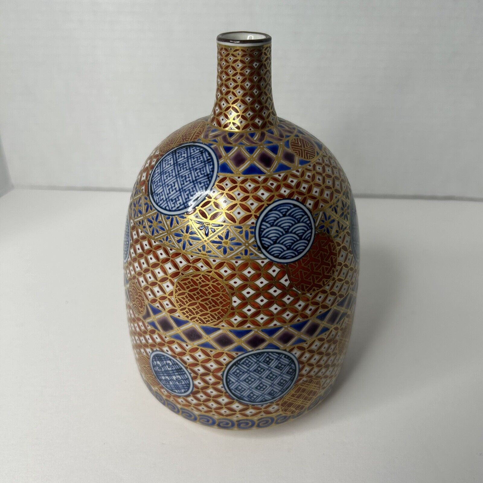 Kiyomizu Ware Kyo Yaki Vase by Sakata Ruri Sashiko Pattern w/ Gold Kyoto Japan