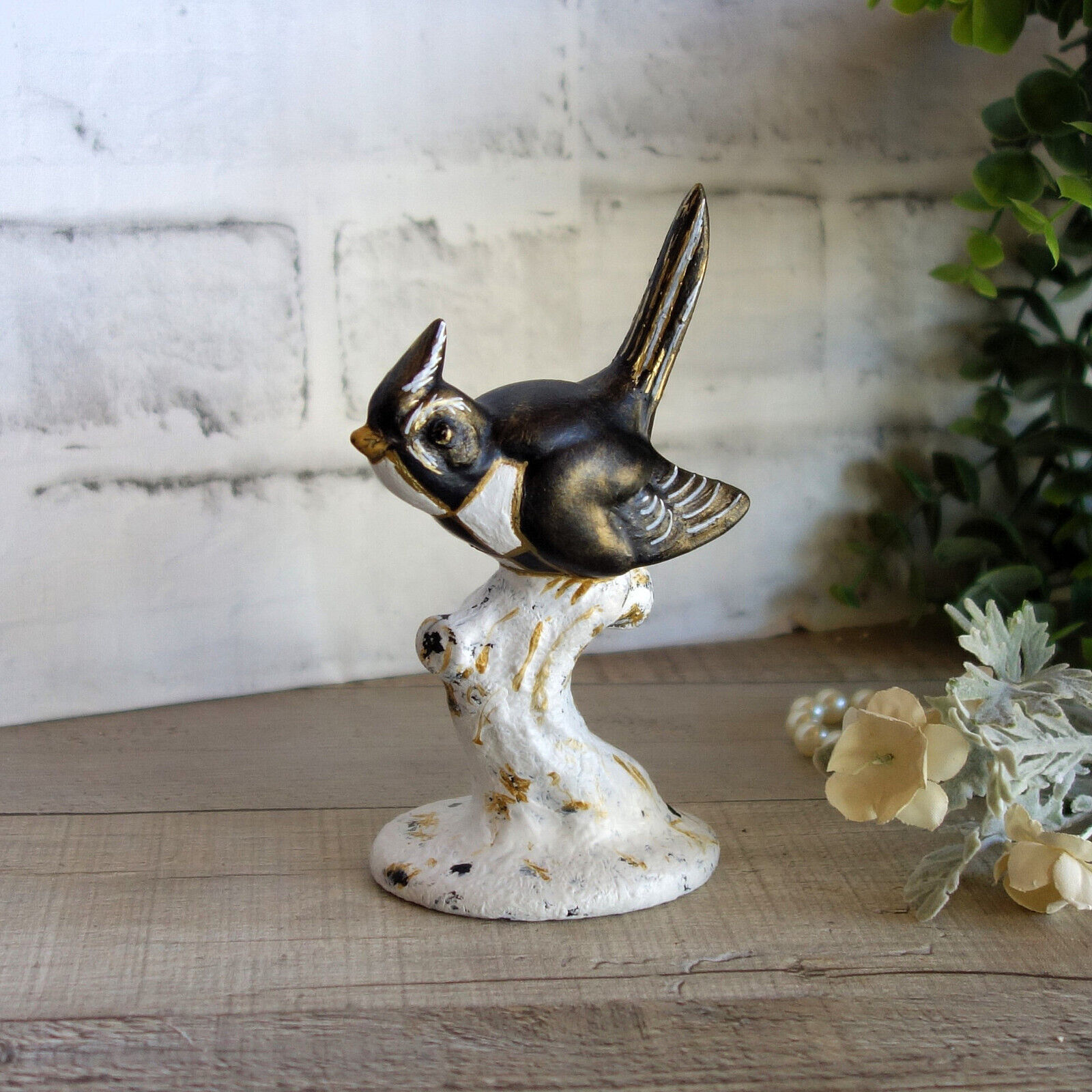 Courtly songbird black and white check bird figurine hand painted checked decor