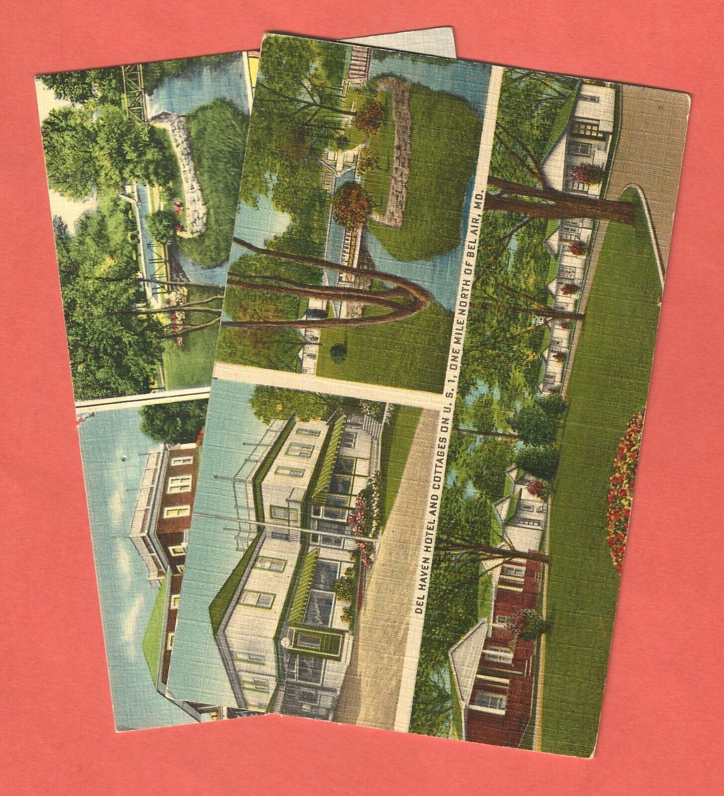 DEL HAVEN HOTEL AND COTTAGES, BEL AIR, MD. – Razed 1966 –2 1940s Linen Postcards