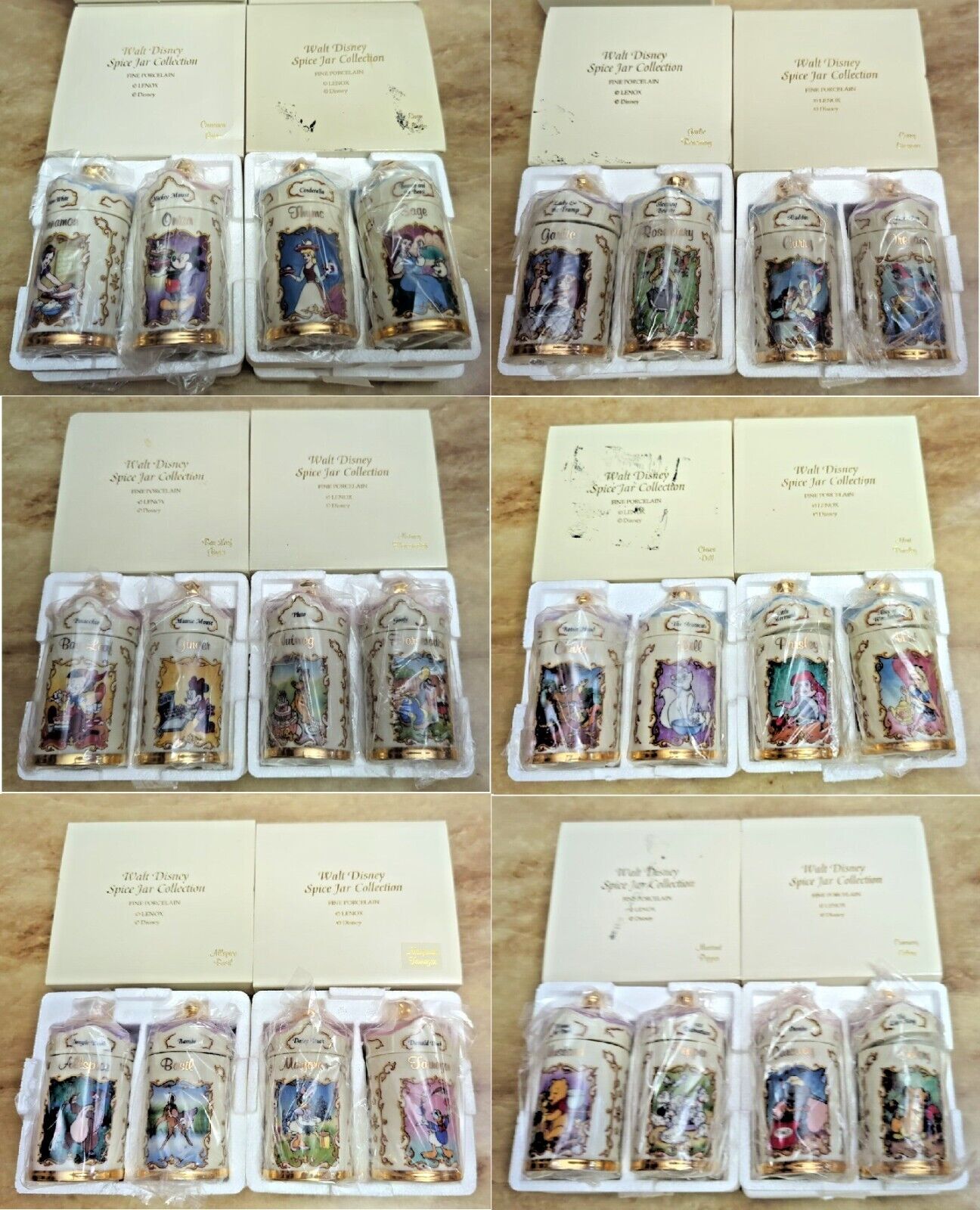 Vintage 1995 Walt Disney Lenox Porcelain Spice Jars Complete Set 24 Pieces New