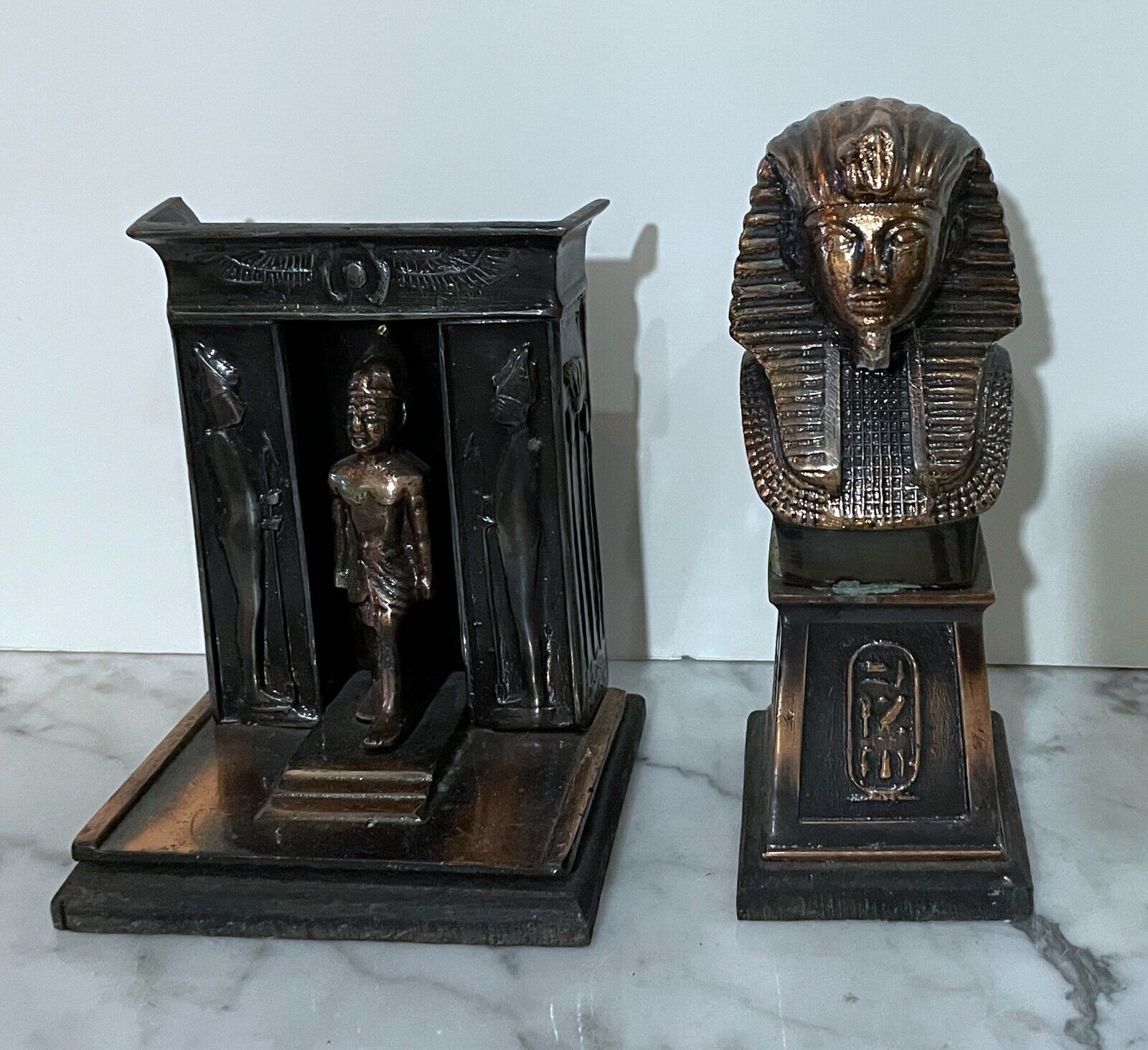 TWO VINTAGE SOLID METAL EGYPTIAN STATUES OF A PHARAOH AND KING TUT\'S GOLDEN MASK