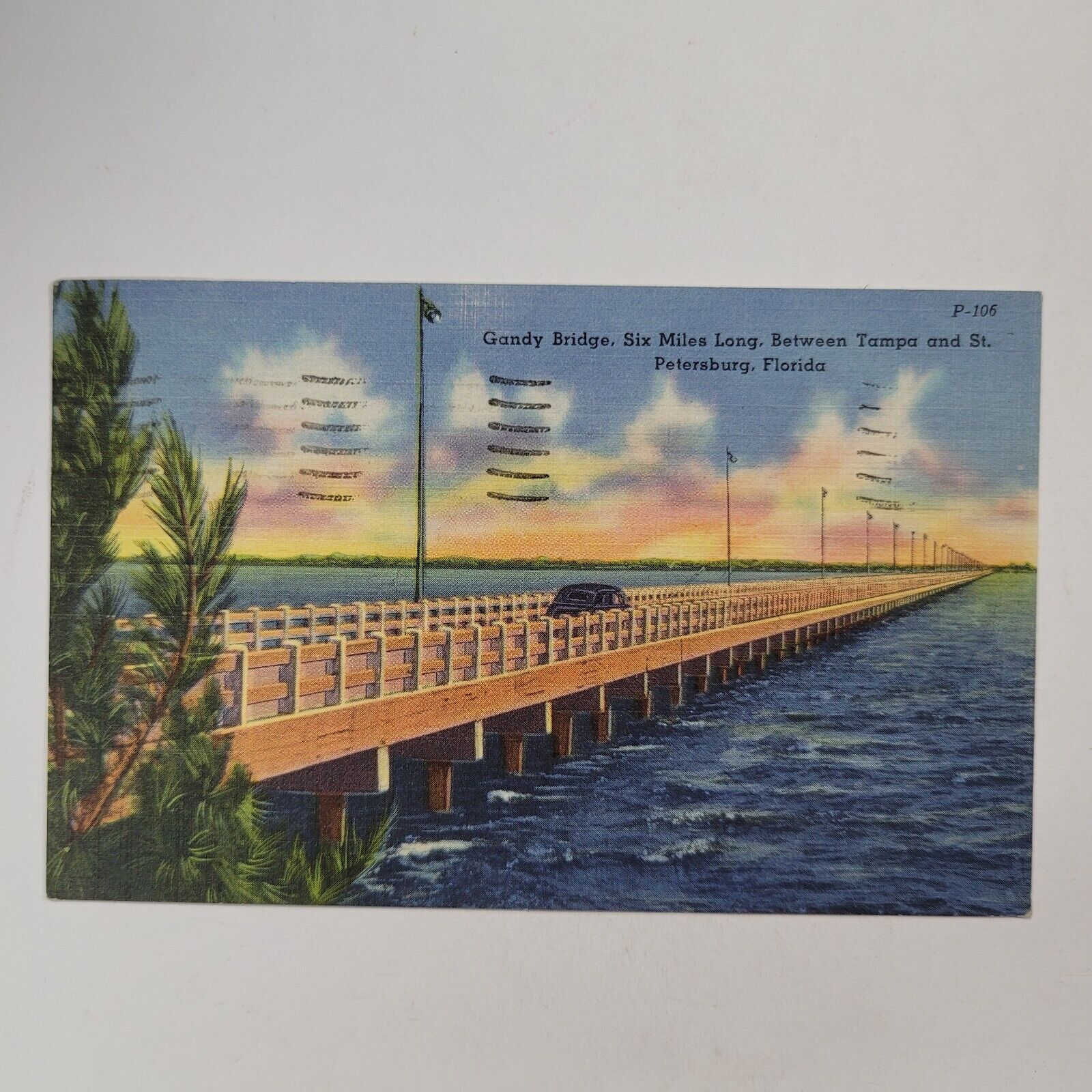 Postcard Gandy Bridge Six Miles Between Tampa and St Petersburg Florida FL Linen
