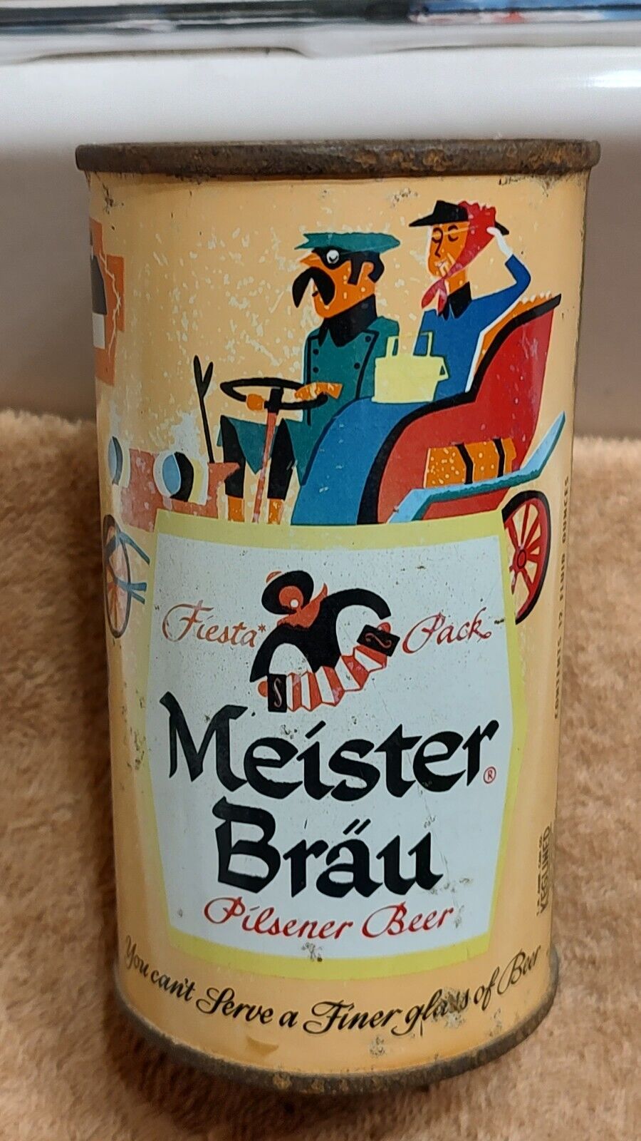 1950s MEISTER BRAU Fiesta Pack/Old Car, flat top beer can, CHICAGO, ILLINOIS