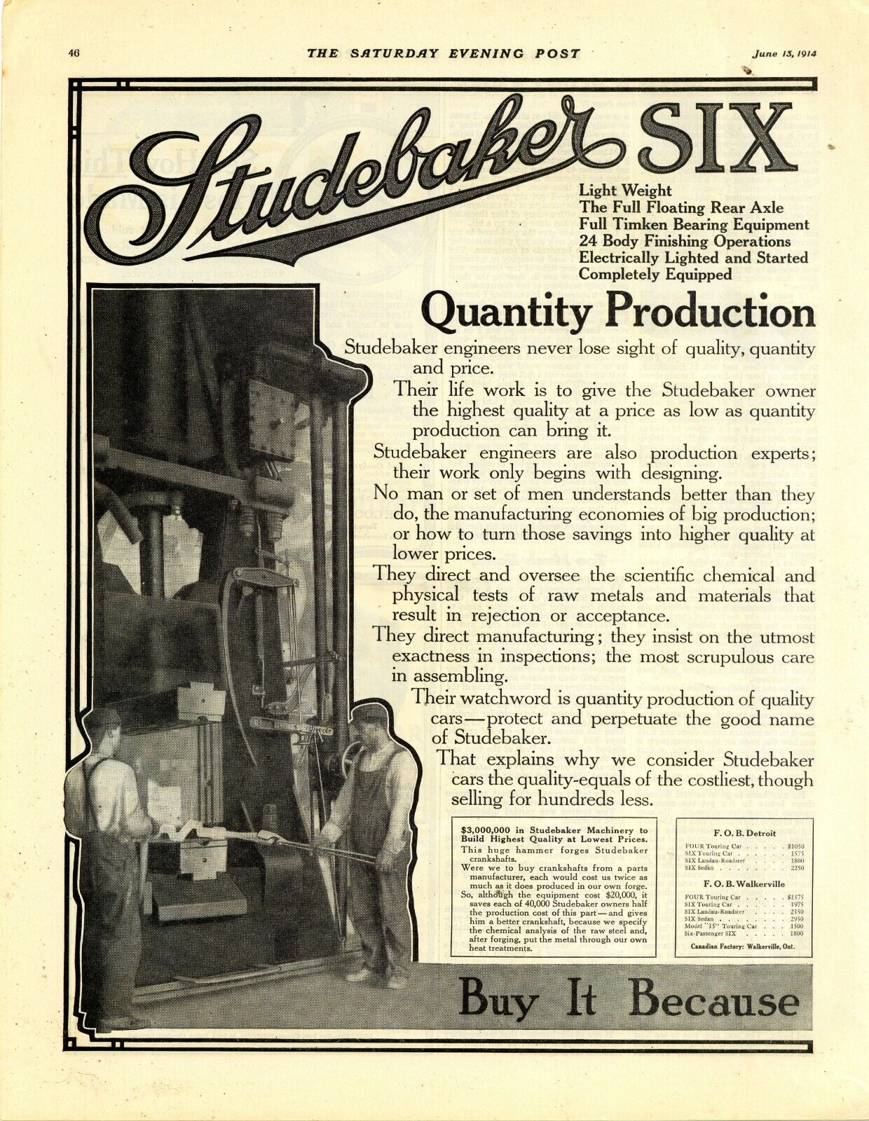 1914 Studebaker Six Automobile 2 Separate Pg. Ad: Machine Press in Factory Pic