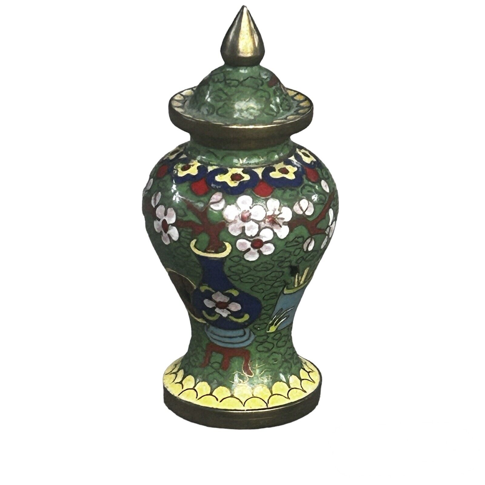 Vintage Chinese Green Floral Cloisonne Urn Ginger Jar Small 