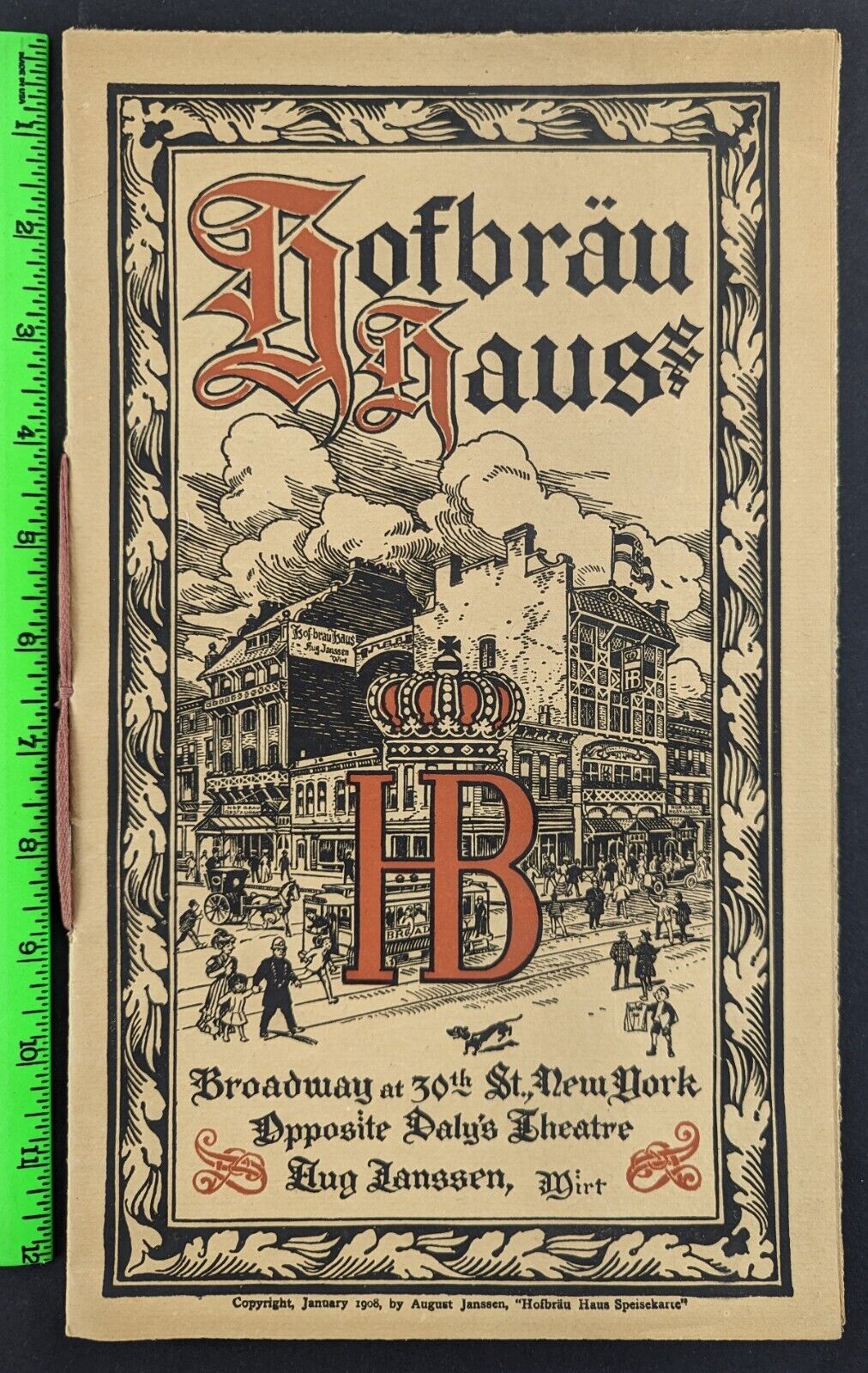 Antique 1908 Hofbrau Haus Graphic Broadway New York German Restaurant Food Menu