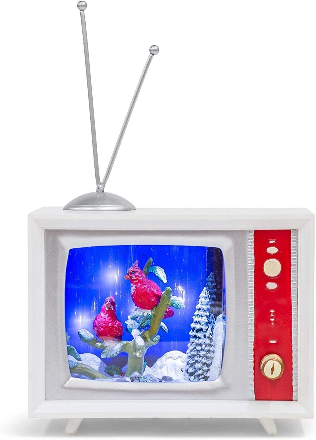 Led White TV with Cardinal Snowfall Musical Box Figurine, 4.75 inch