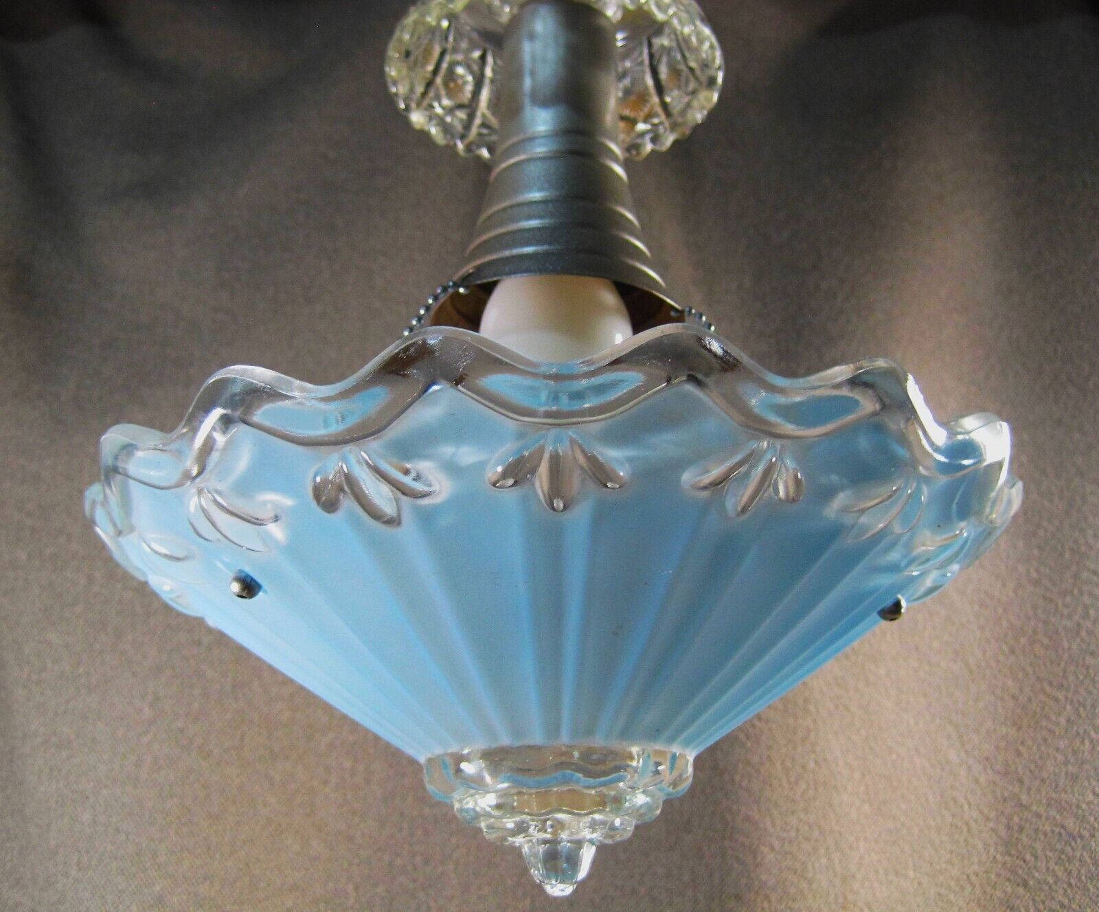 Antique Ceiling Fixture 3 Chain Blue & Crystal Shade New Socket & Wiring