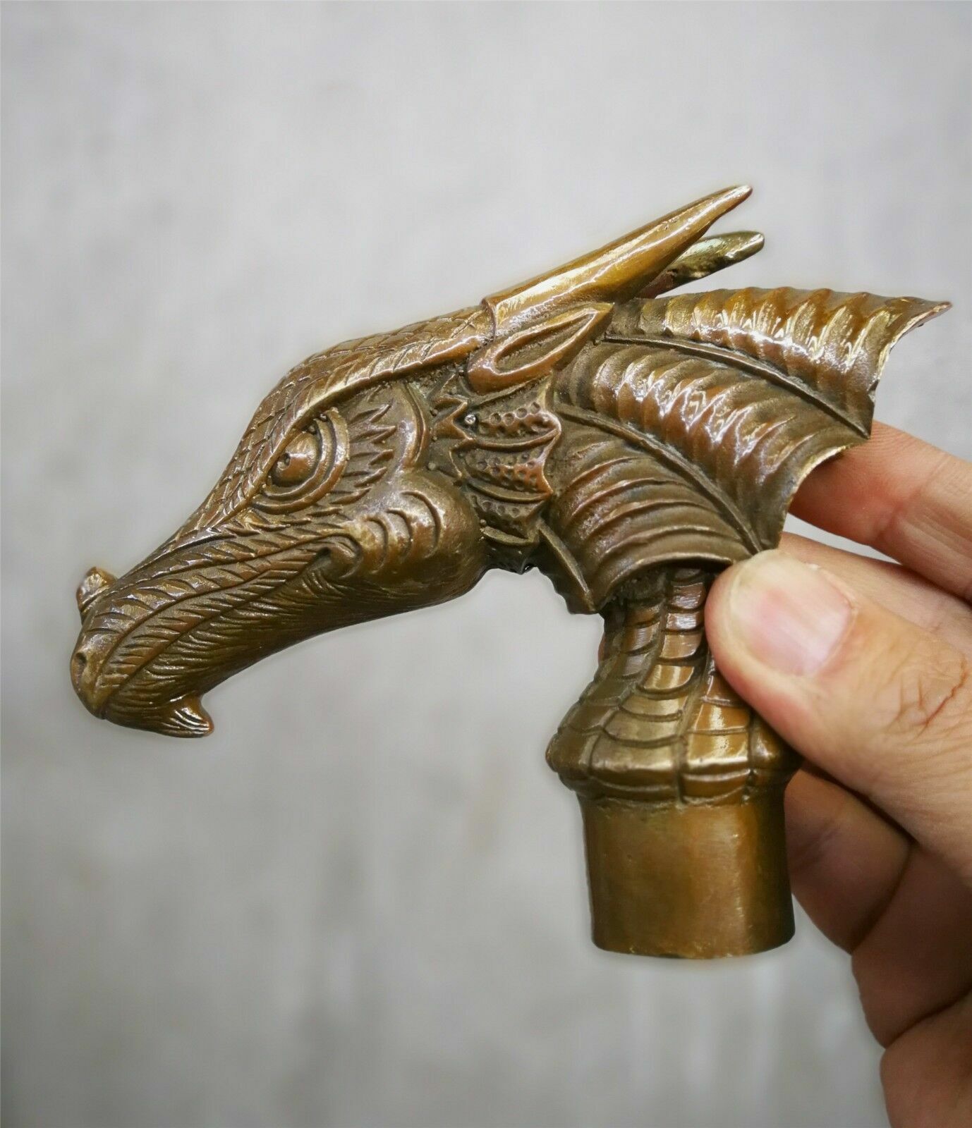 Old Bronze Brown Patina Dragon Dinosaur Beast statue Cane Walking Stick Head