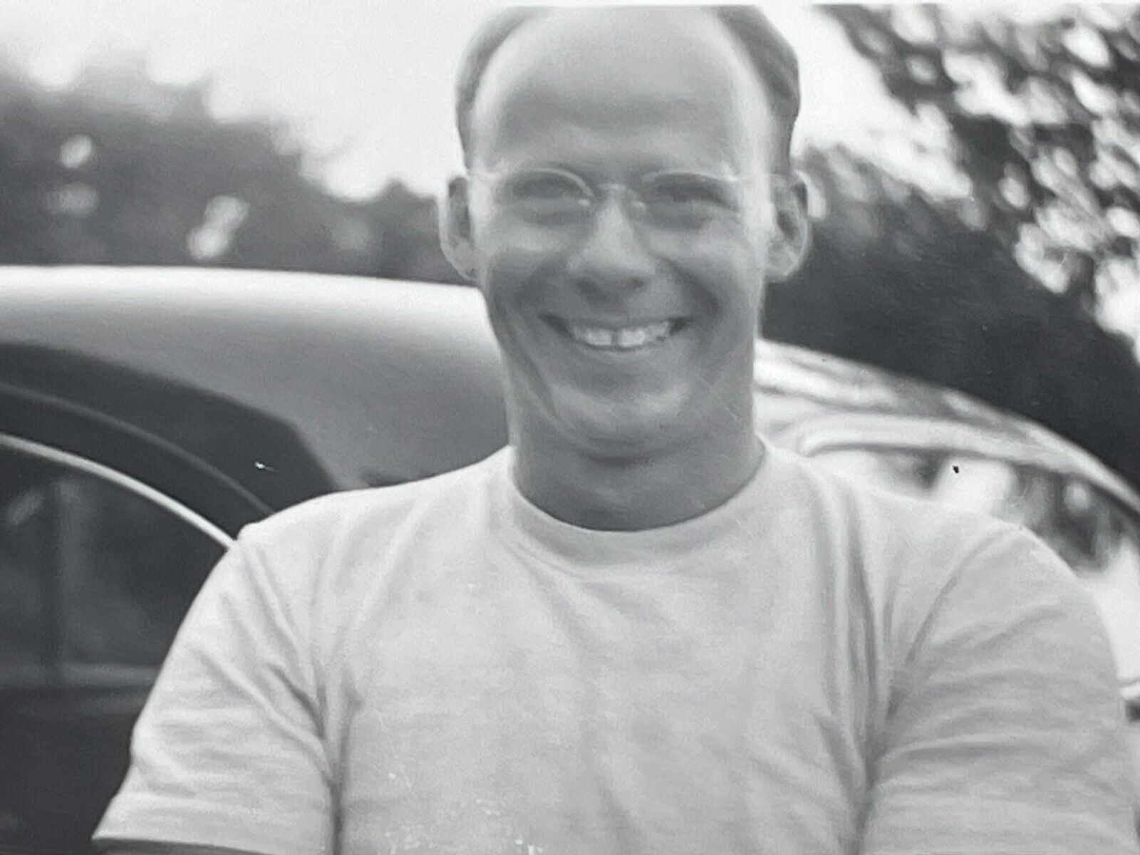 LC Photograph Handsome Man Balding Glasses Smiling Happy Old Car 1940-50's