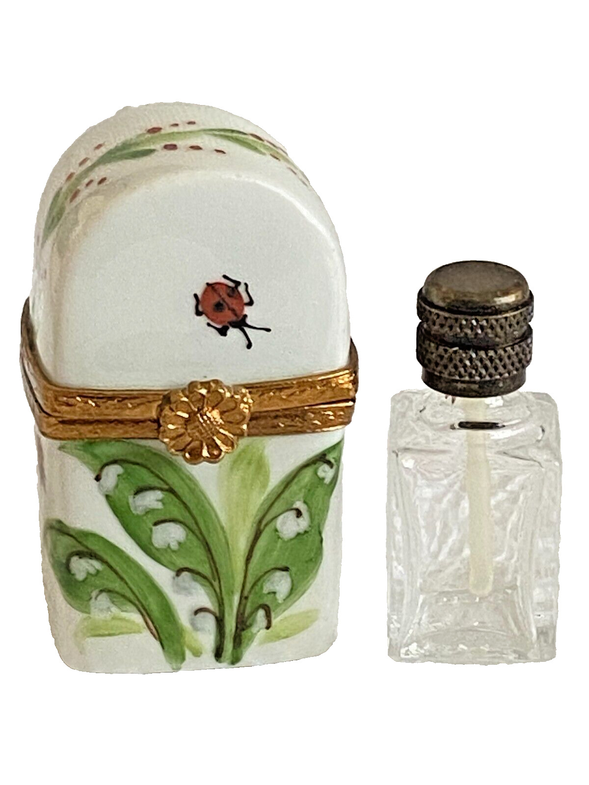Vintage LIMOGES Trinket Box w/ PERFUME BOTTLE Lily of the Valley Flowers LADYBUG