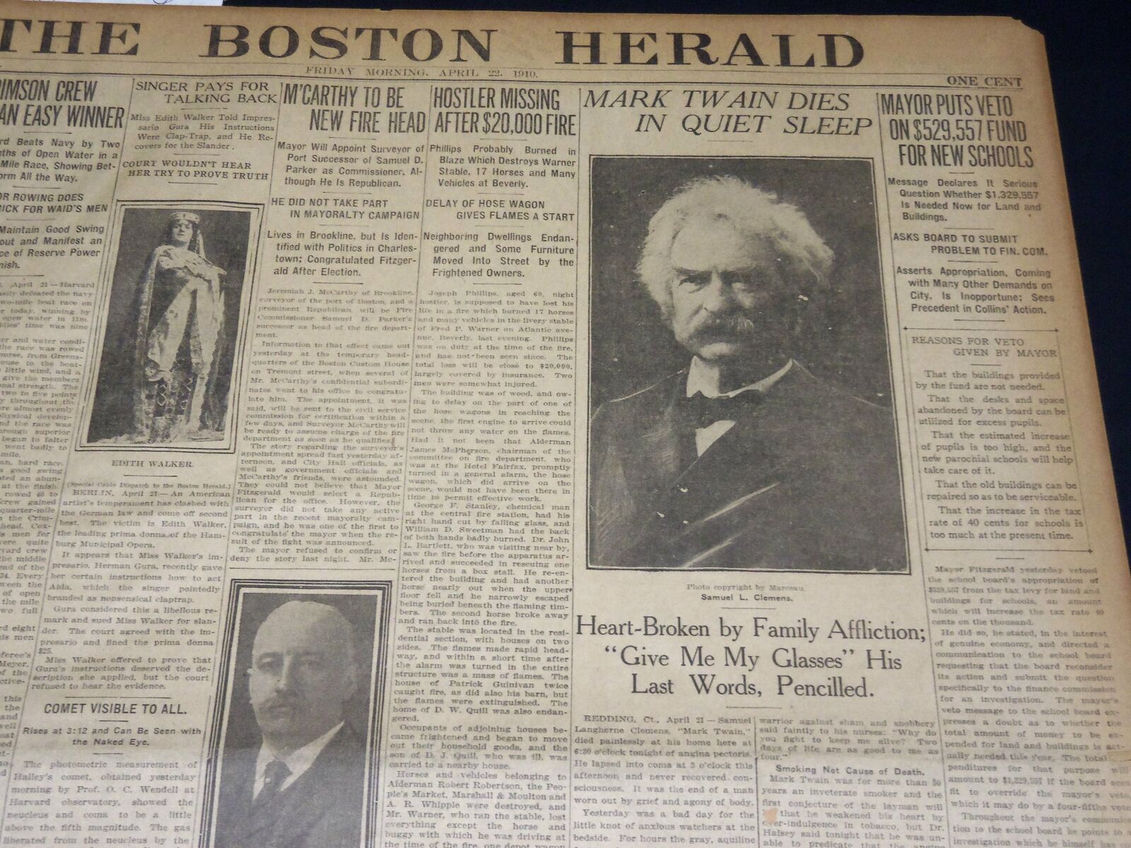 1910 APRIL 22 THE BOSTON HERALD - MARK TWAIN DIES IN QUIET SLEEP - BH 397