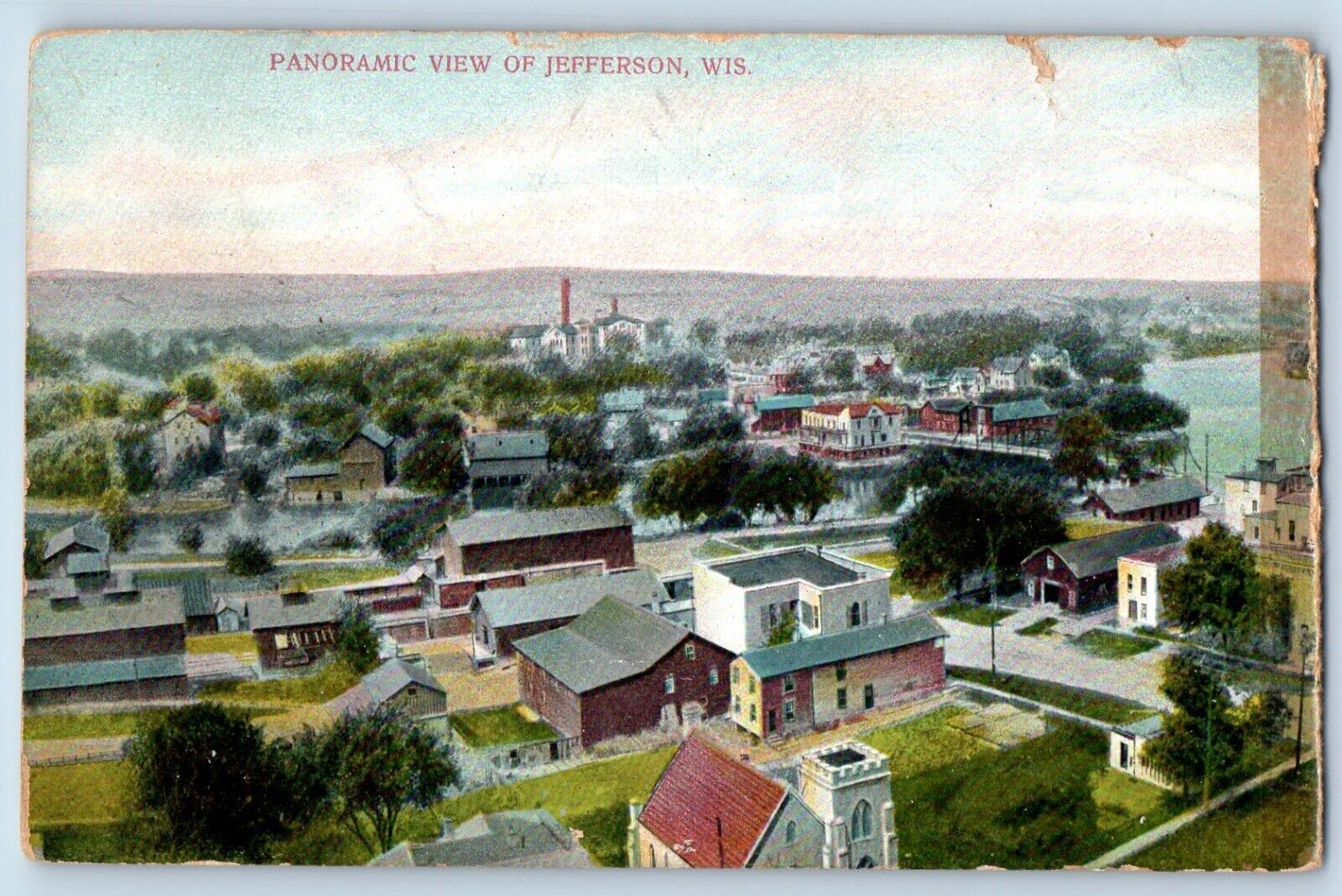 Jefferson Wisconsin Postcard Panoramic View Buildings Trees 1908 Antique Vintage