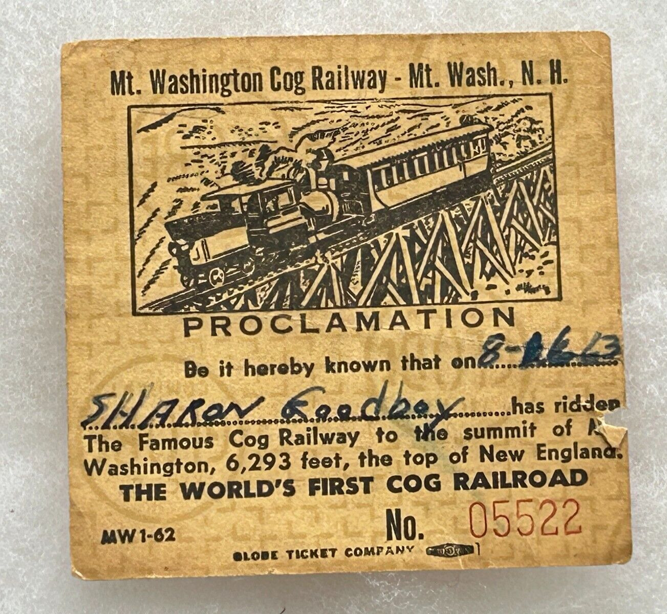 VTG 1963 Mt. Washington Cog Railway NH Souvenir Train Ticket Ride